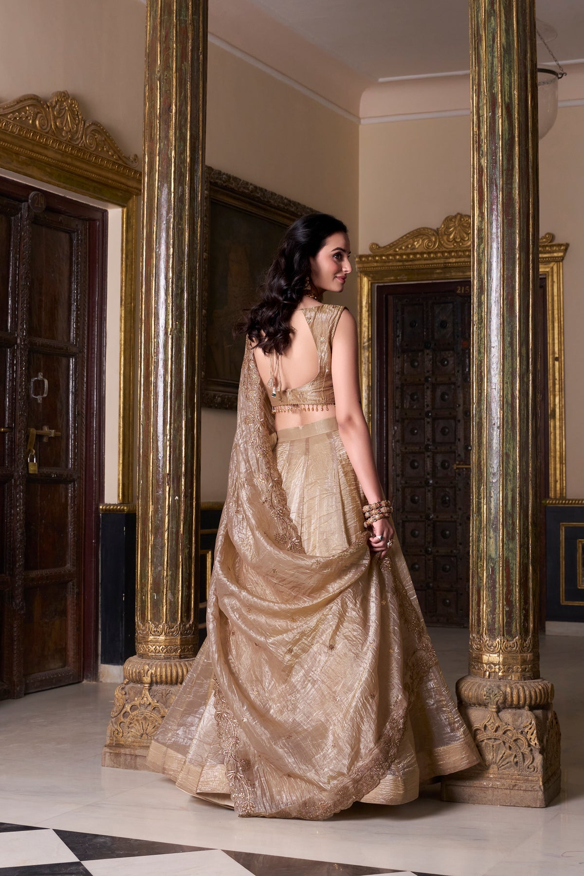 Gold Crush Thread Embroidered Lehenga With Dupatta