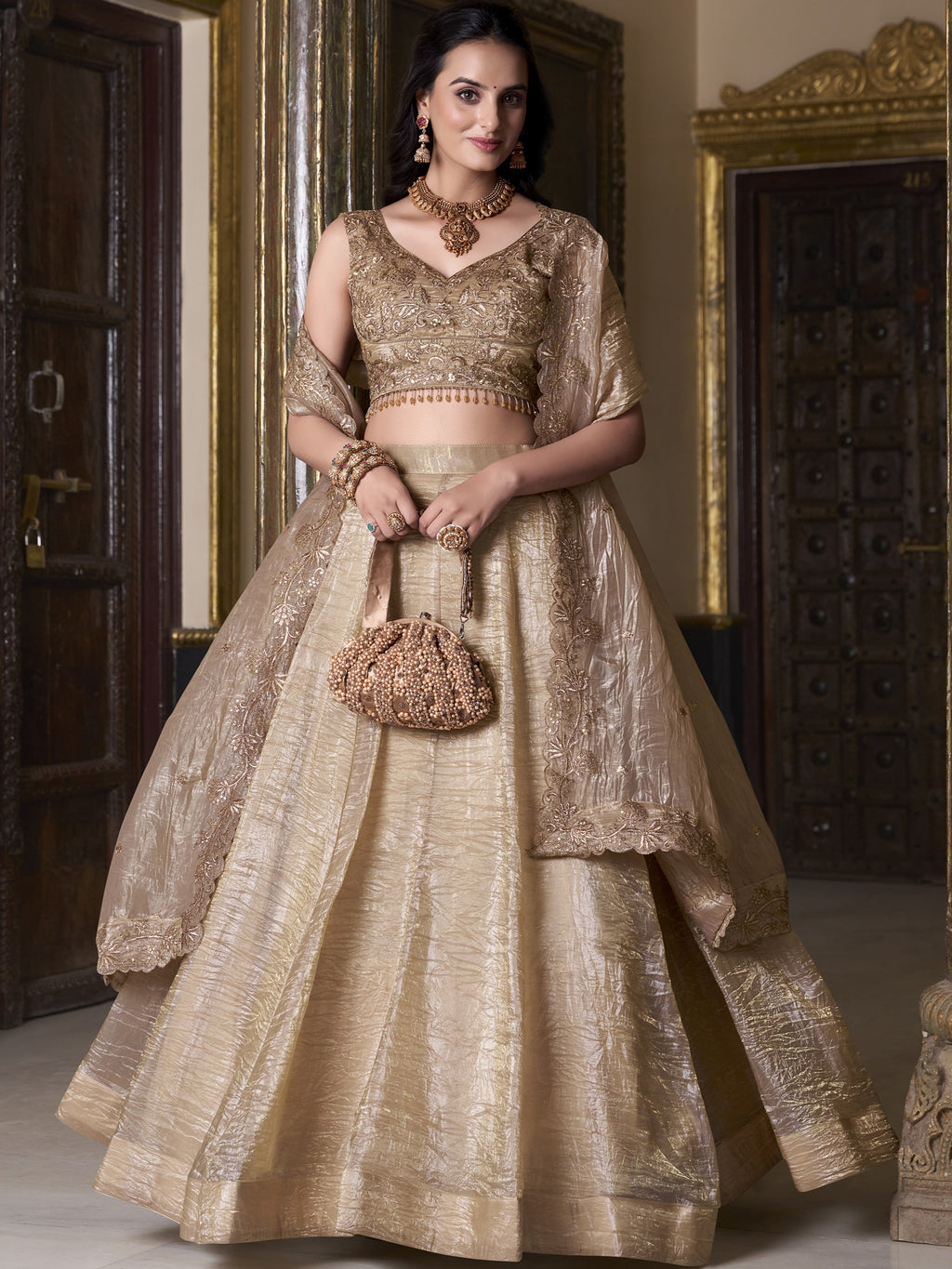 Gold Crush Thread Embroidered Lehenga With Dupatta