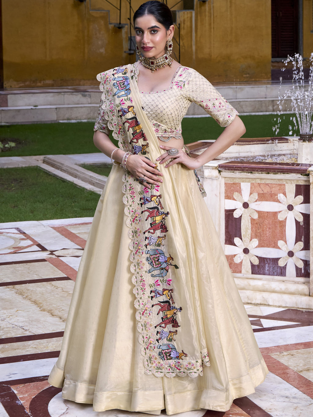 Raspberry Thread Embroidery Lehenga With Dupatta