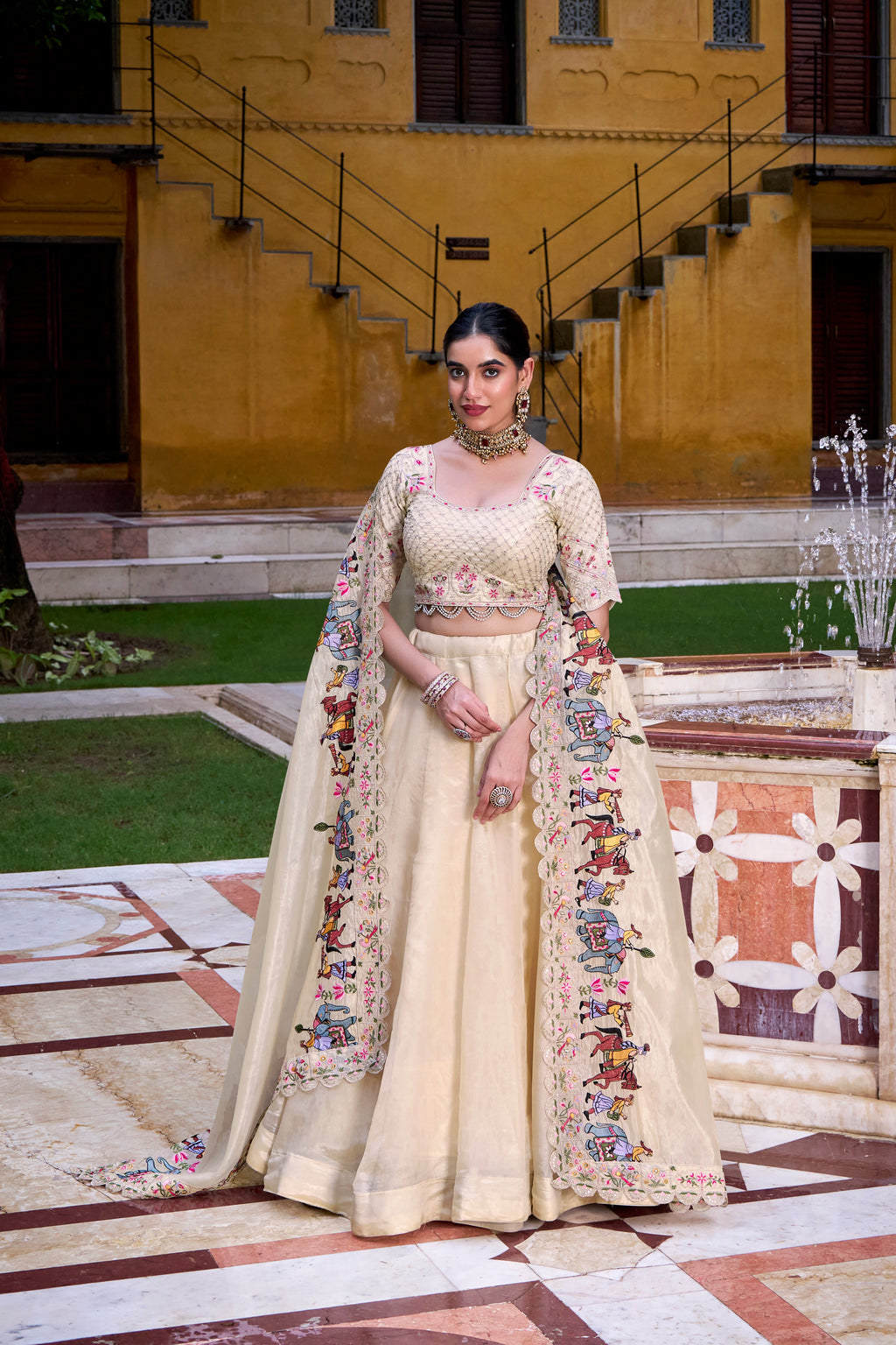 Raspberry Thread Embroidery Lehenga With Dupatta