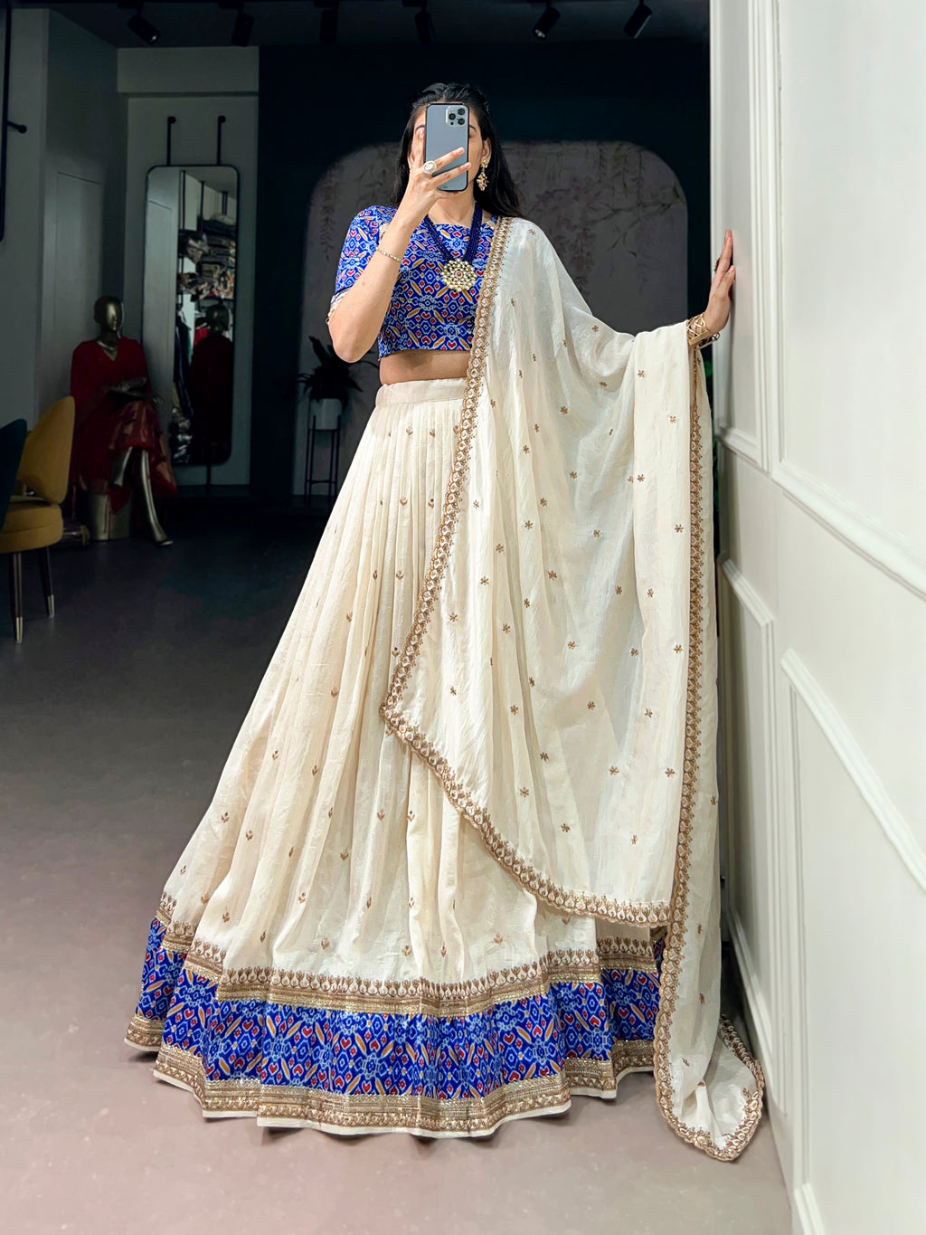 Vichitra Silk Thread Embroidered Lehenga With Dupatta