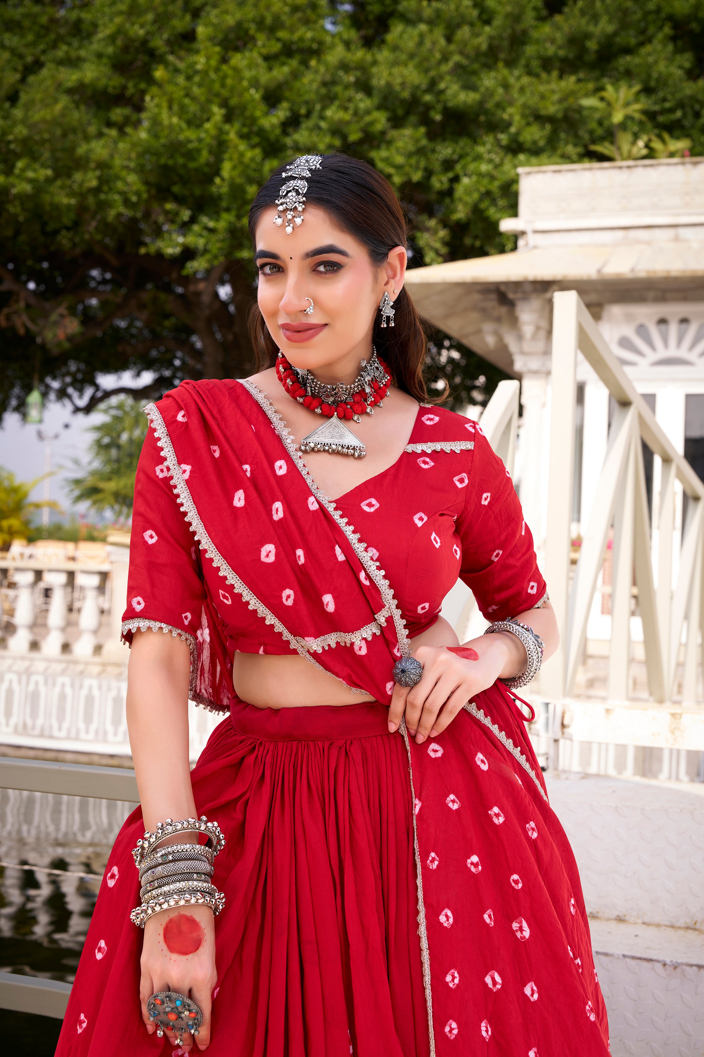 Pure Chanderi Bandhej Printed Lehenga With Dupatta