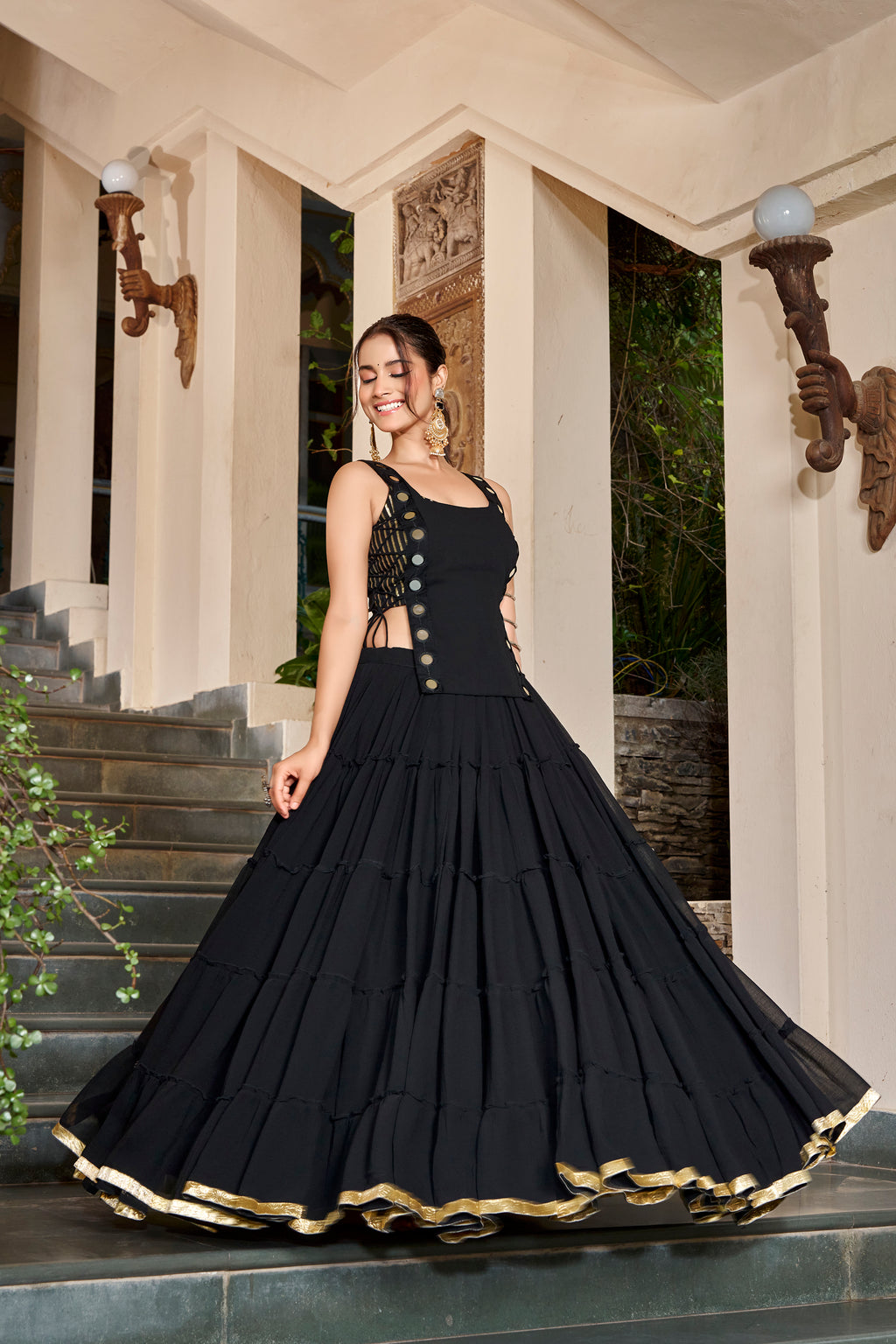 Chiffon Mirror Work Navratri Lehenga With Koti
