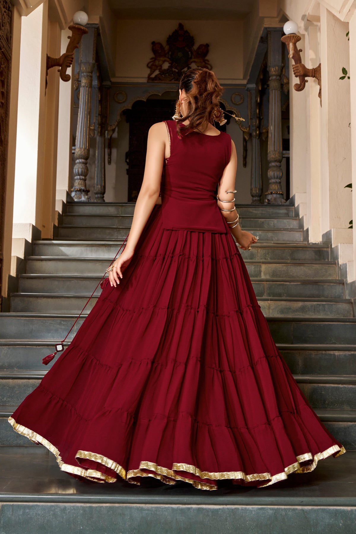 Chiffon Mirror Work Navratri Lehenga With Koti