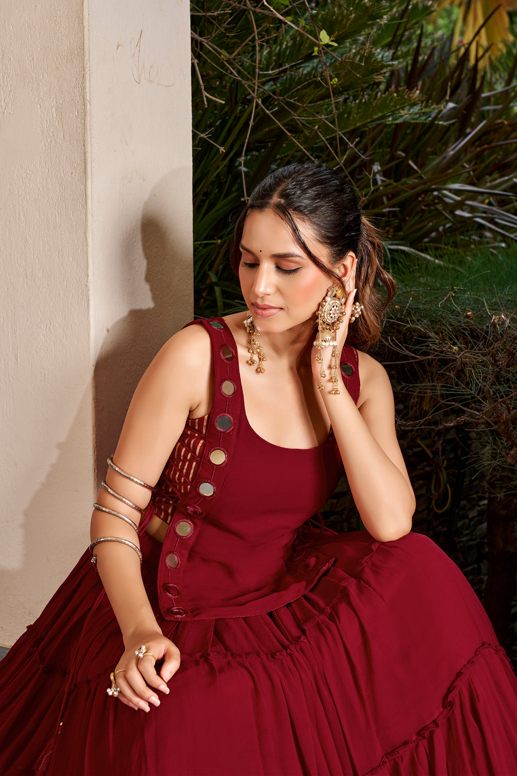 Chiffon Mirror Work Navratri Lehenga With Koti