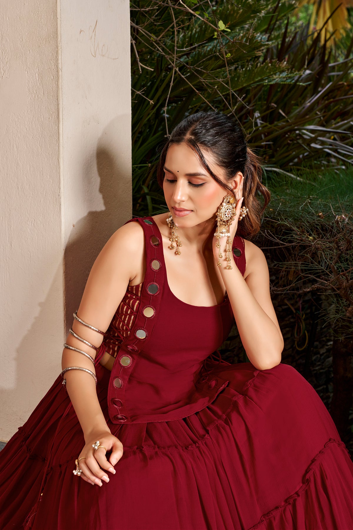 Chiffon Mirror Work Navratri Lehenga With Koti