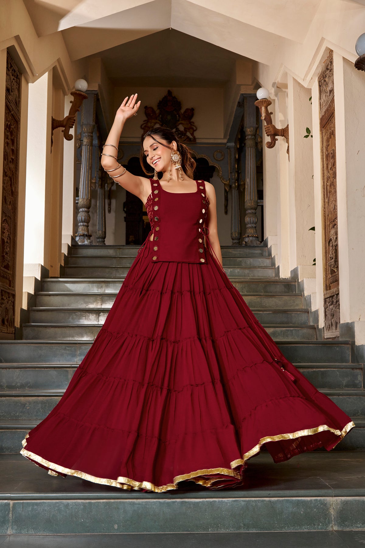 Chiffon Mirror Work Navratri Lehenga With Koti
