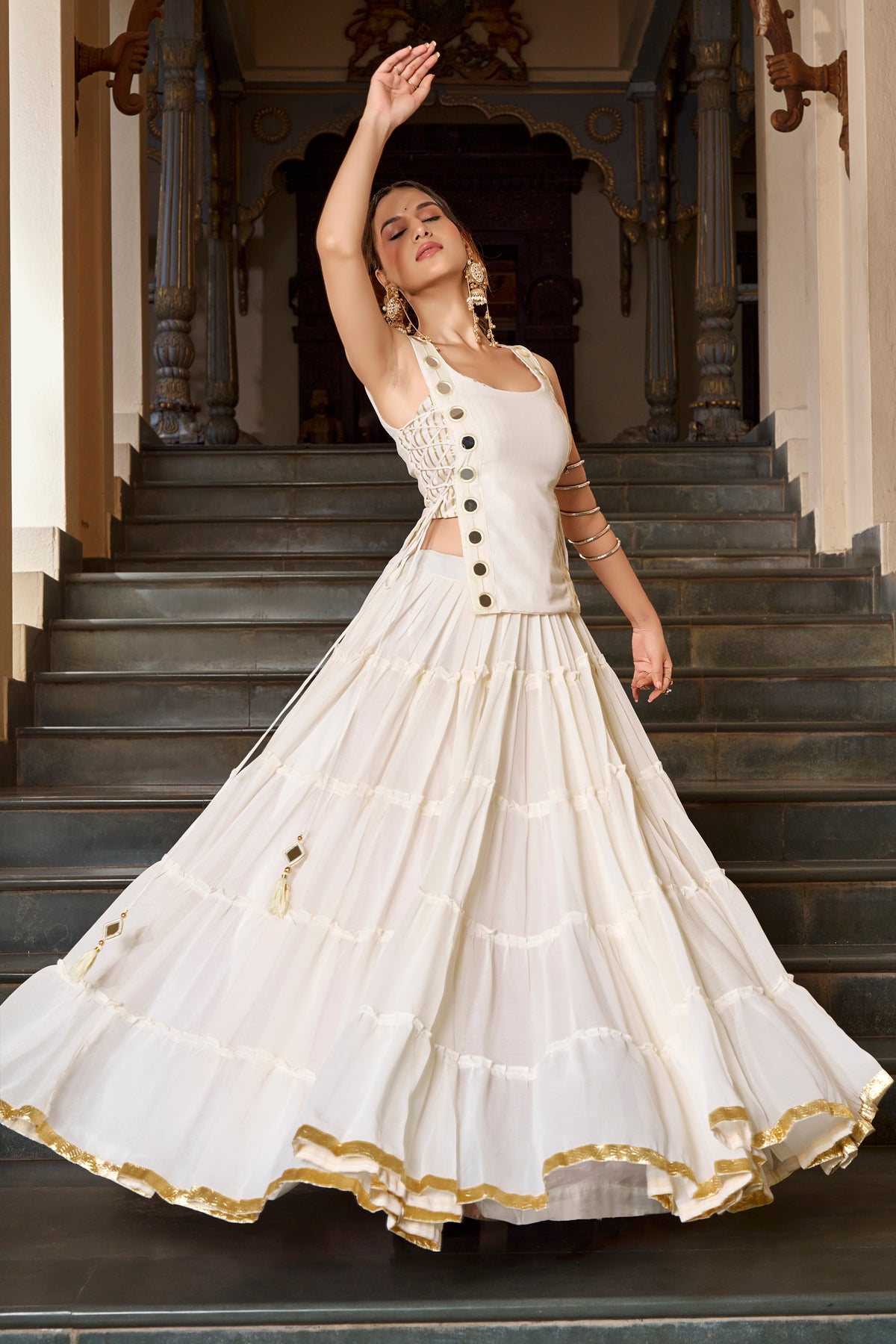 Chiffon Mirror Work Navratri Lehenga With Koti