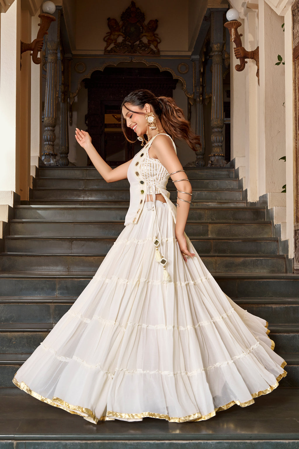 Chiffon Mirror Work Navratri Lehenga With Koti