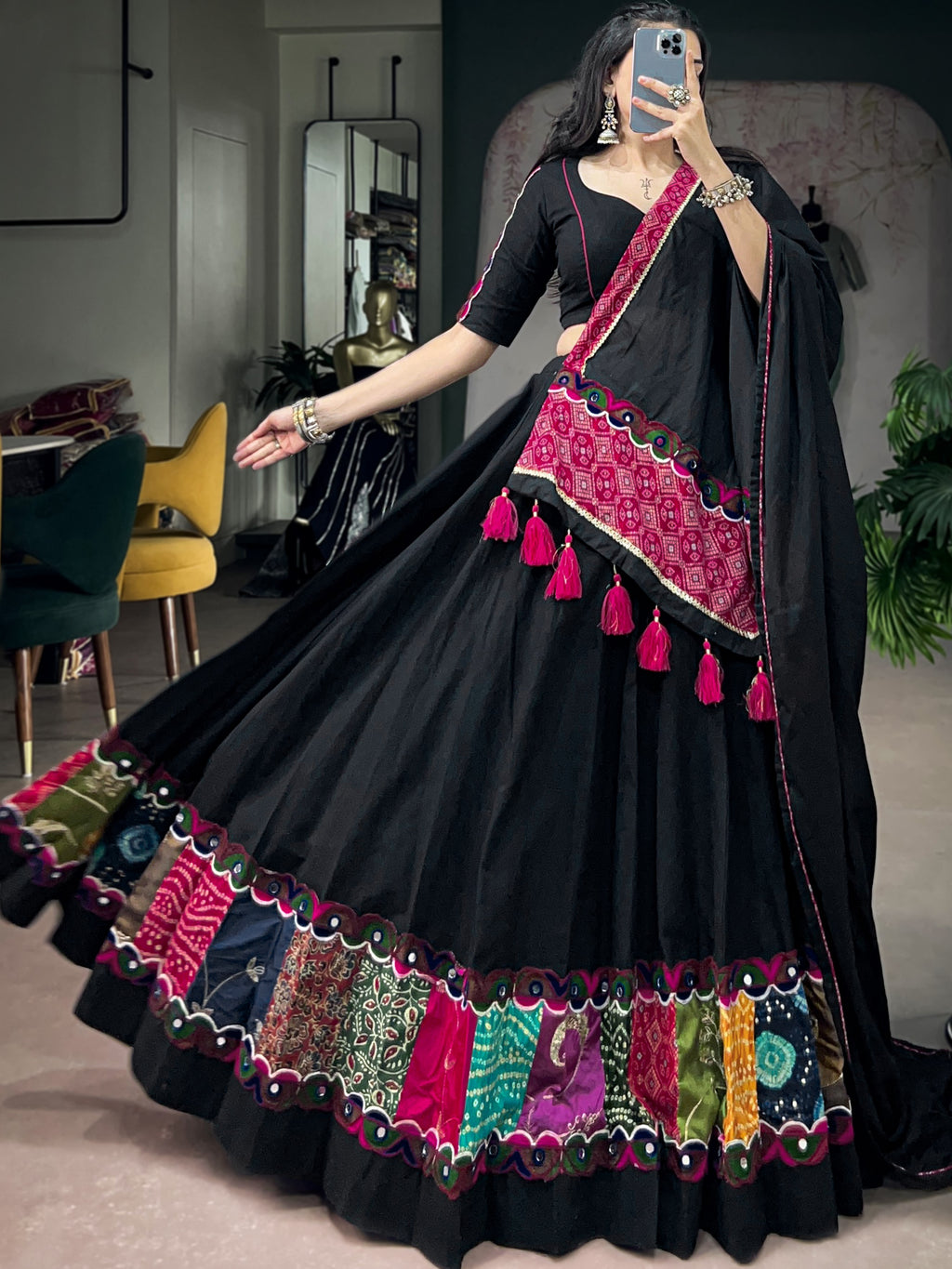 Khadi Cotton Multi Patchwork Navratri Lehenga With Dupatta