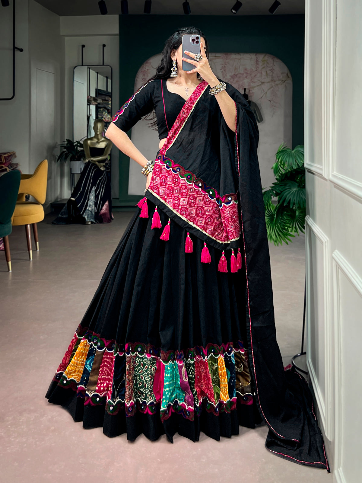 Khadi Cotton Multi Patchwork Navratri Lehenga With Dupatta