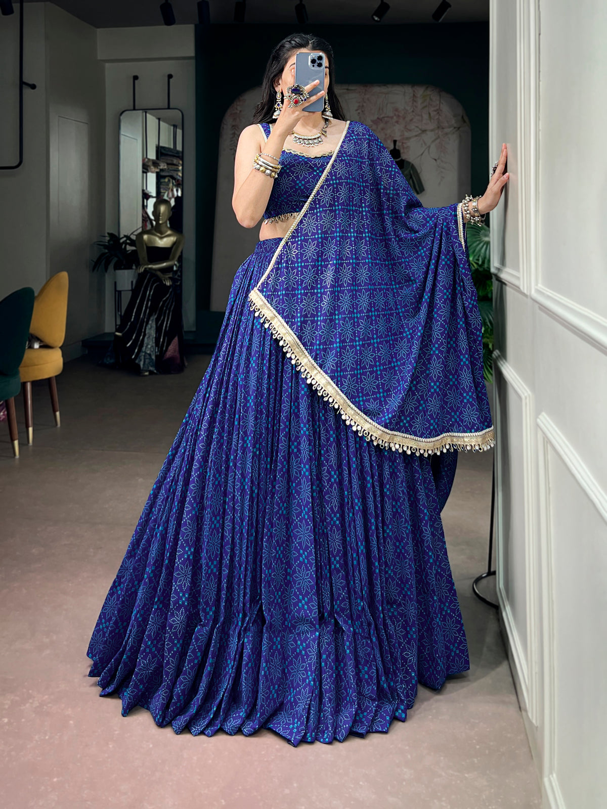 Georgette Bandhej Foil Printed Lehenga With Dupatta