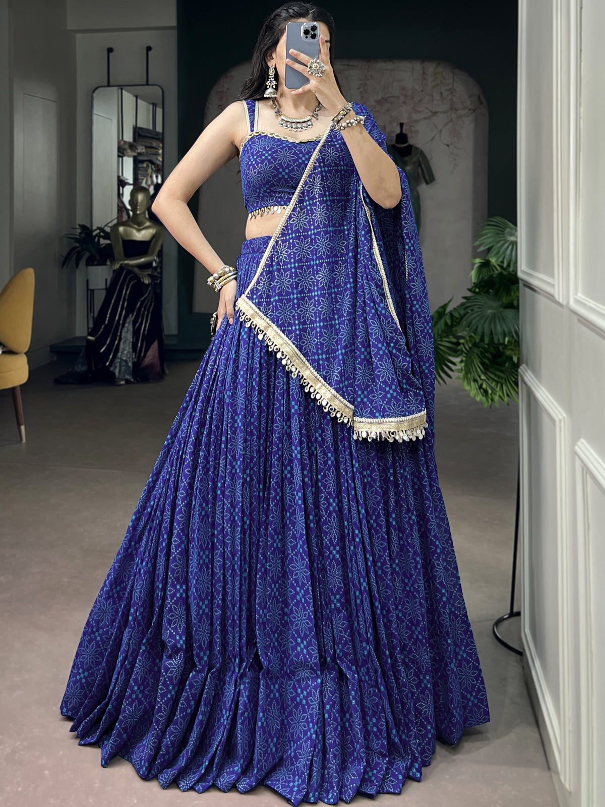 Georgette Bandhej Foil Printed Lehenga With Dupatta