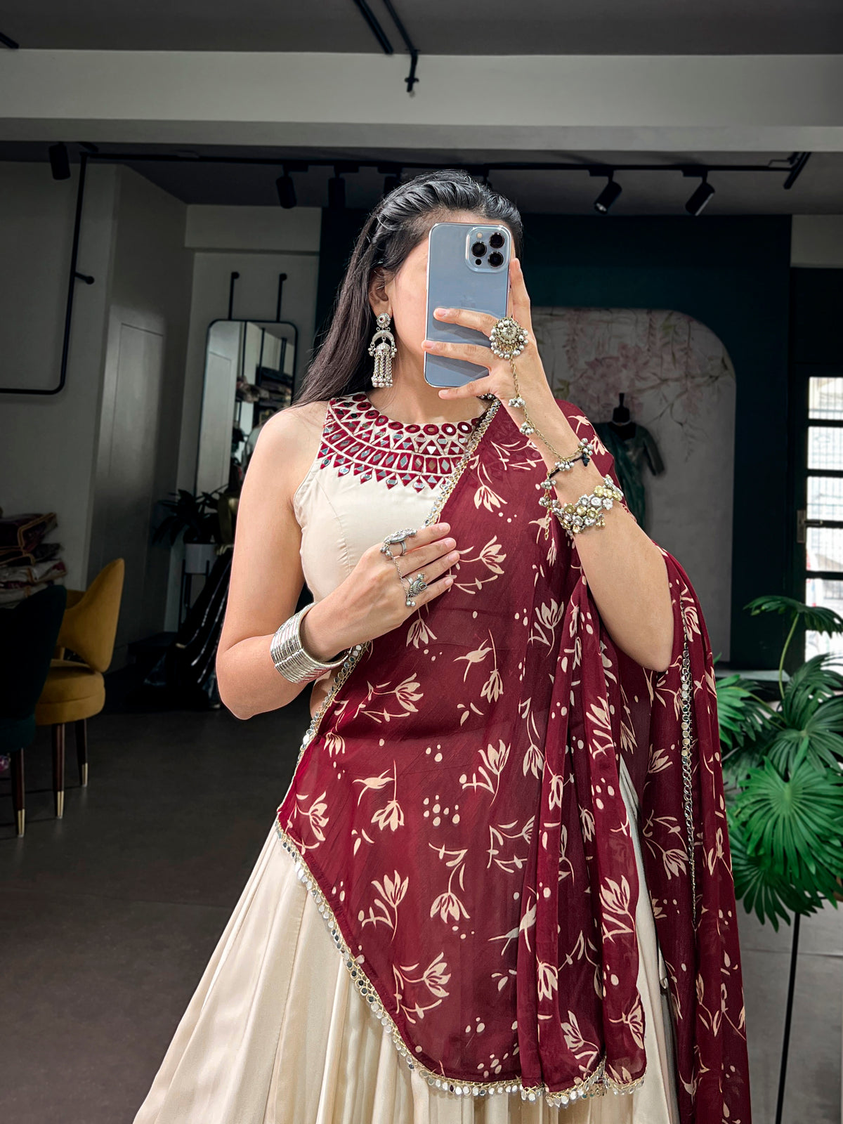Moonga Silk Real Mirror Work Navratri Lehenga With Dupatta