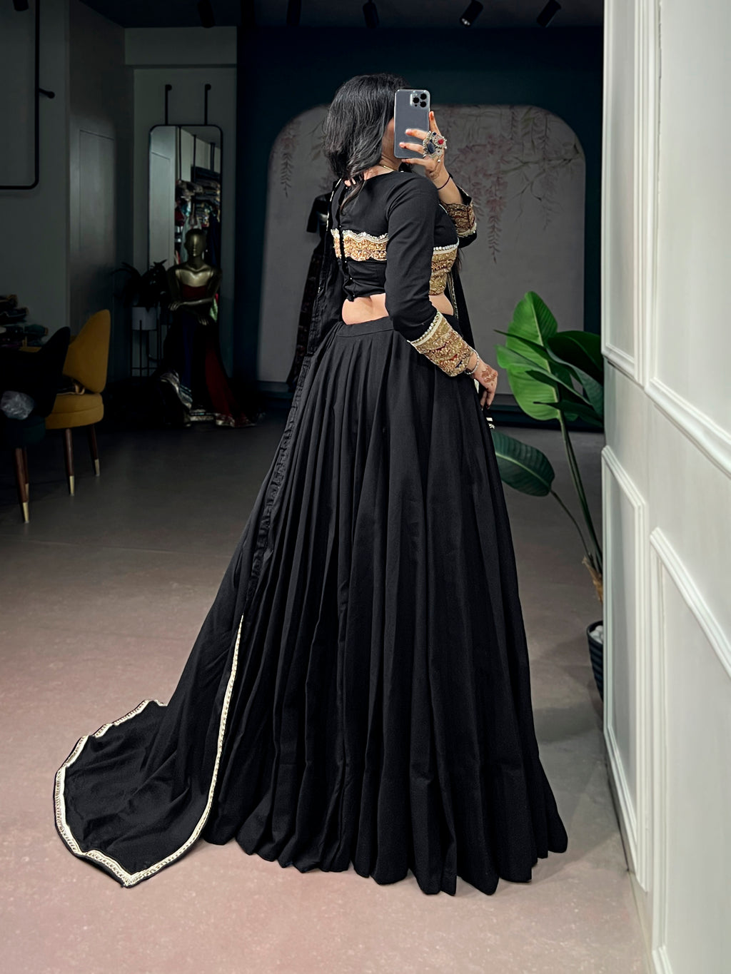 Khadi Cotton Thread Embroidered Navratri Lehenga With Dupatta