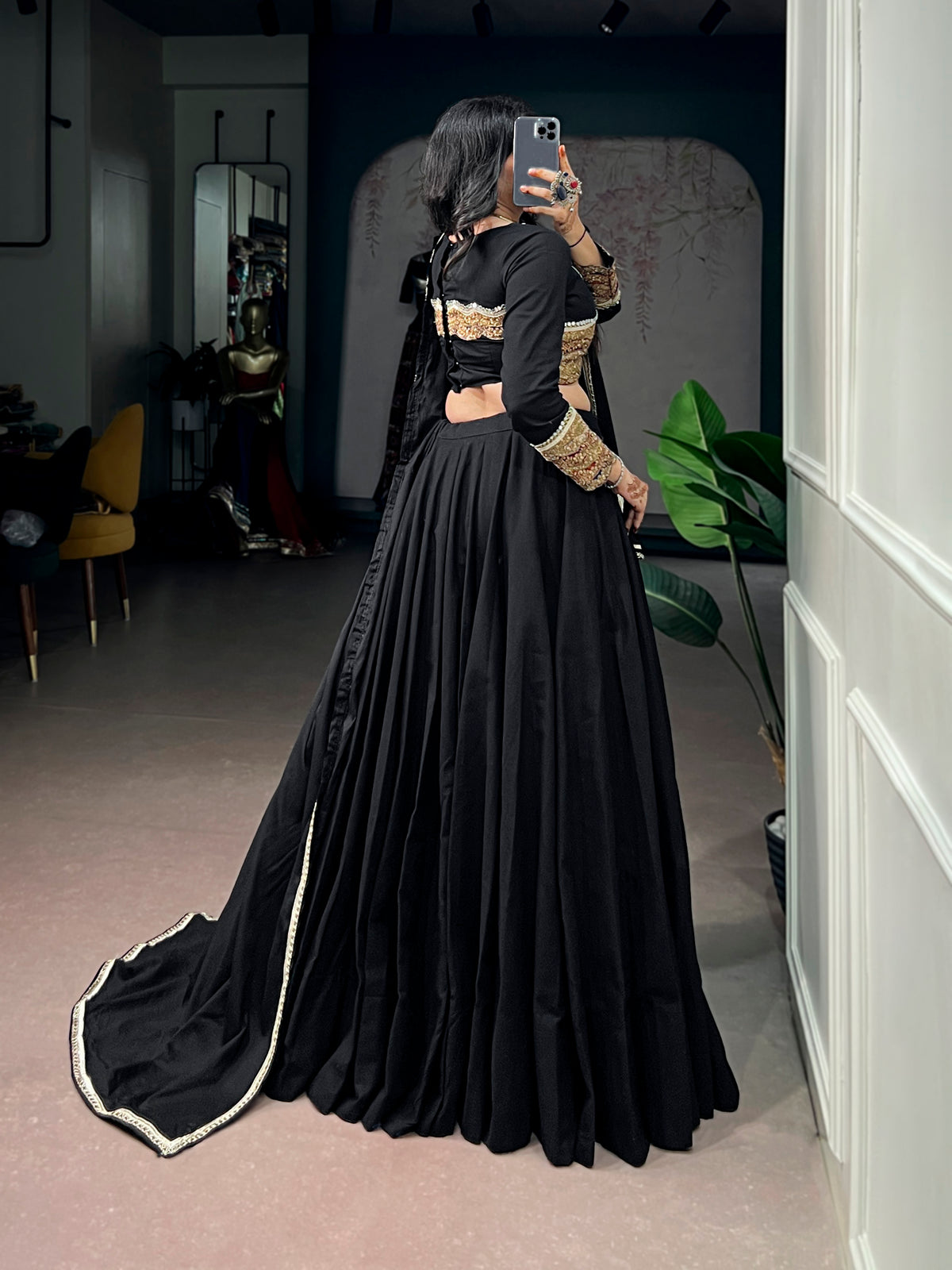 Khadi Cotton Thread Embroidered Navratri Lehenga With Dupatta