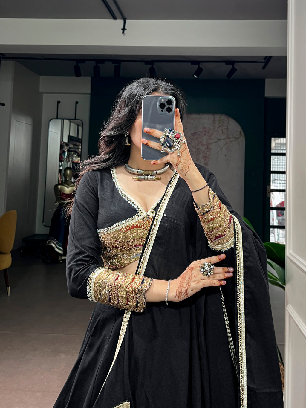 Khadi Cotton Thread Embroidered Navratri Lehenga With Dupatta