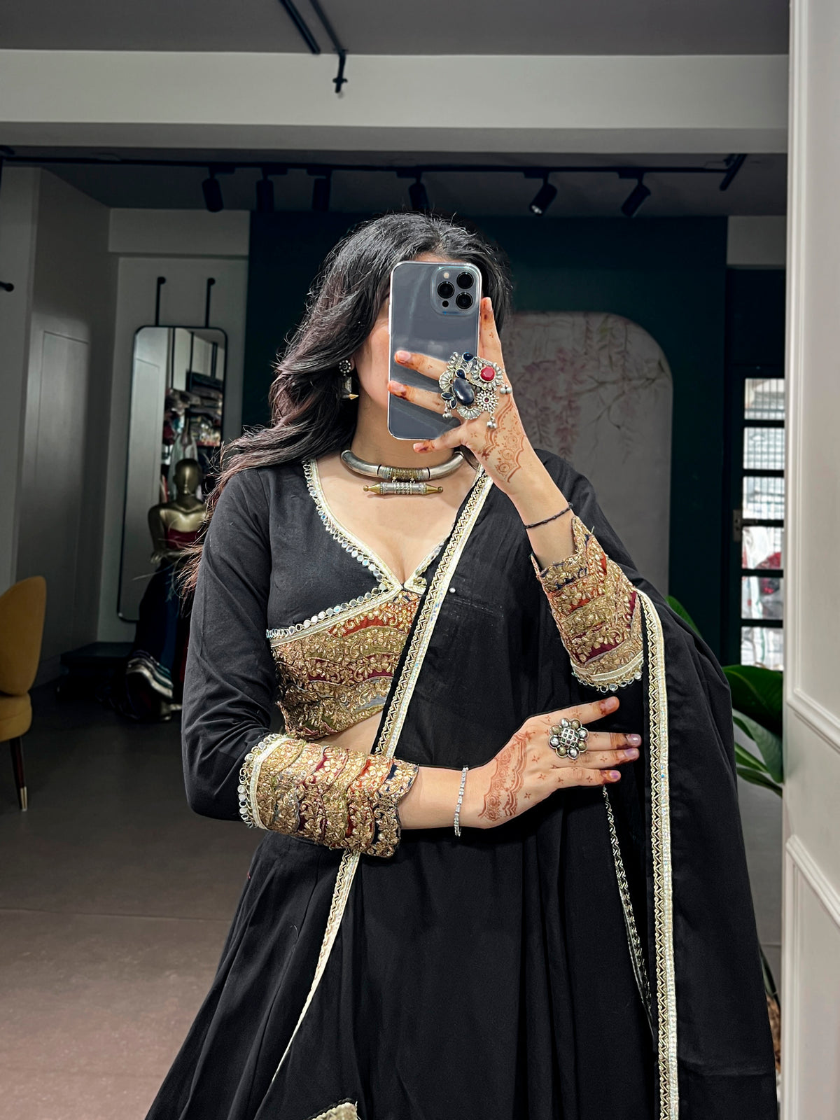 Khadi Cotton Thread Embroidered Navratri Lehenga With Dupatta