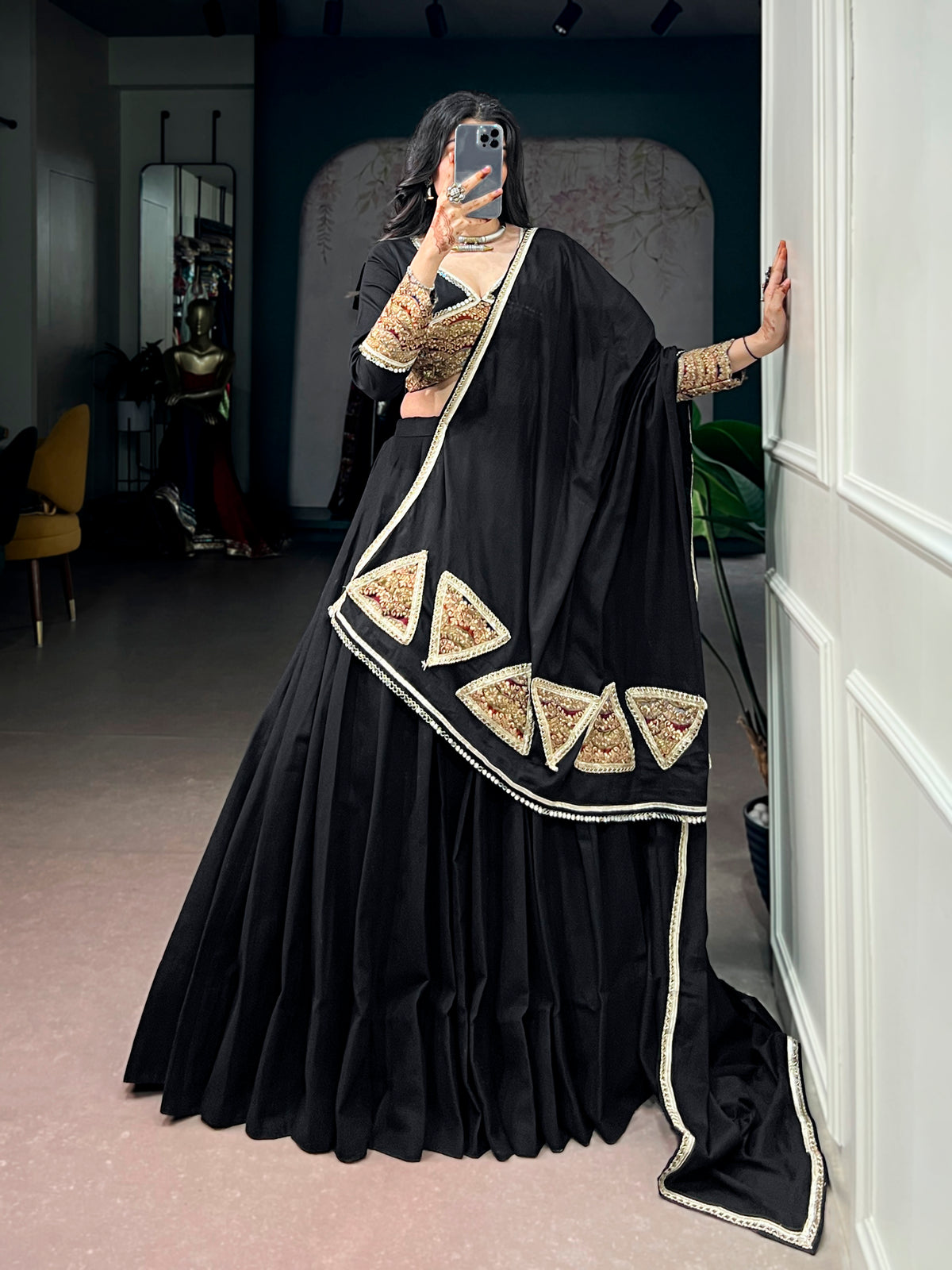 Khadi Cotton Thread Embroidered Navratri Lehenga With Dupatta