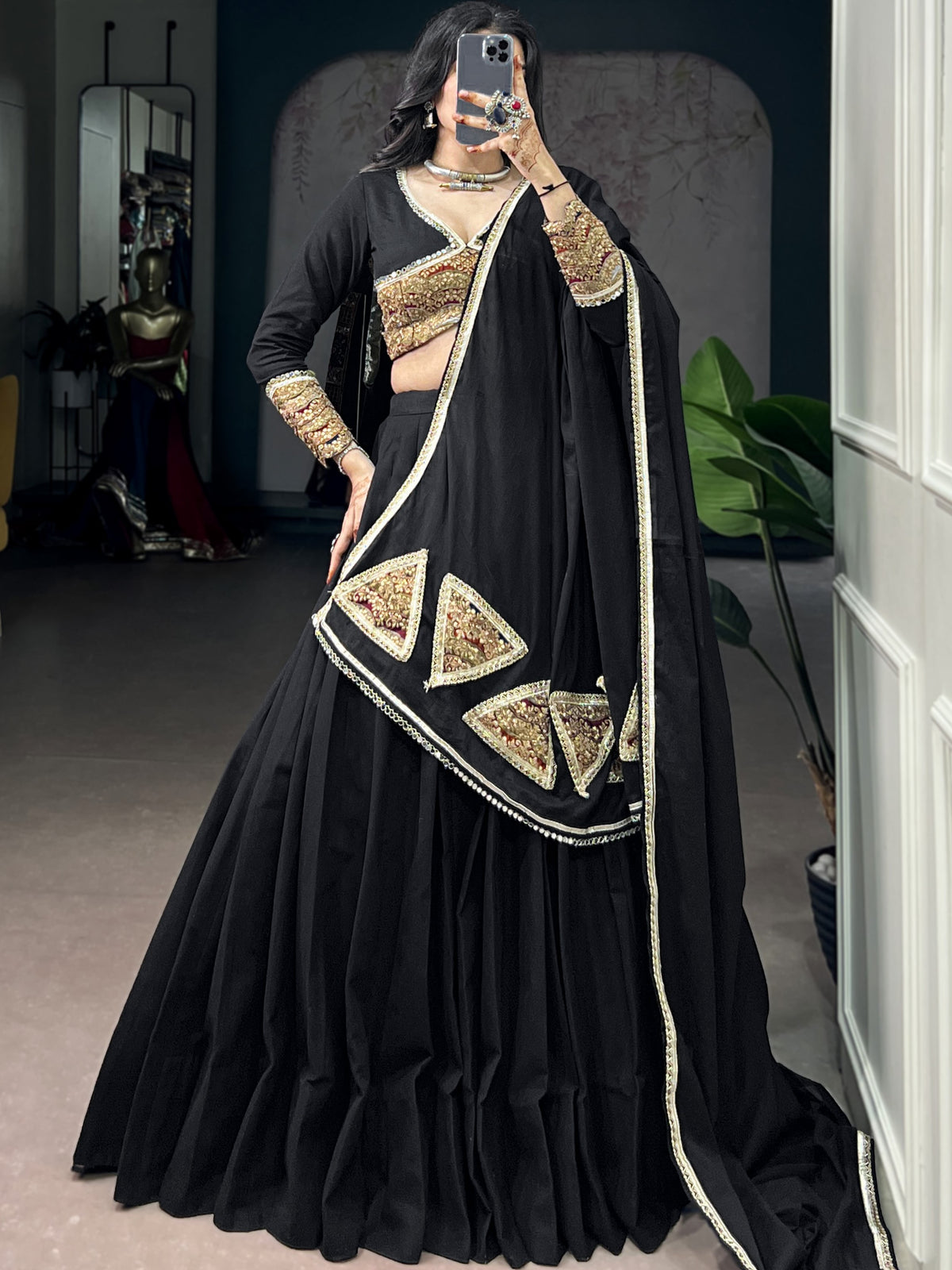 Khadi Cotton Thread Embroidered Navratri Lehenga With Dupatta