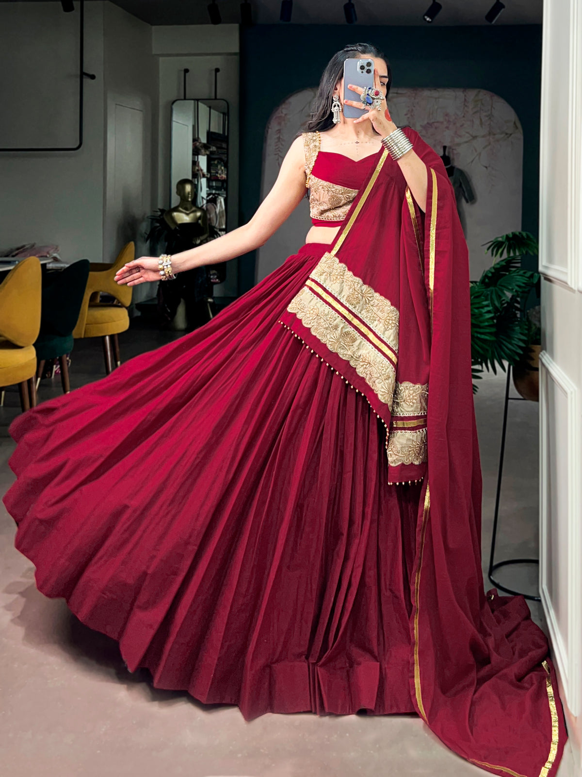 Mull Cotton Thread Embroidered Navratri Lehenga With Dupatta