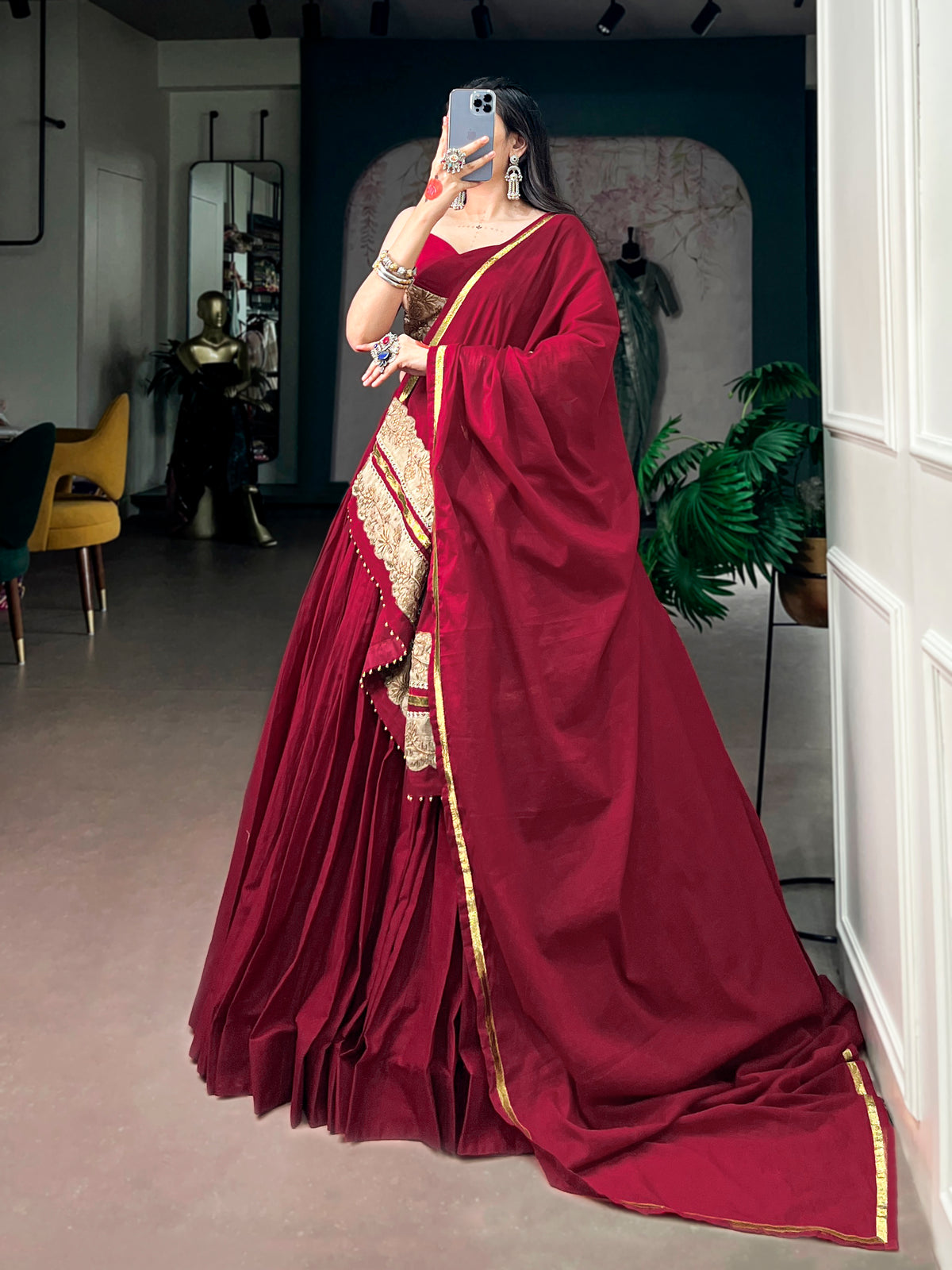 Mull Cotton Thread Embroidered Navratri Lehenga With Dupatta