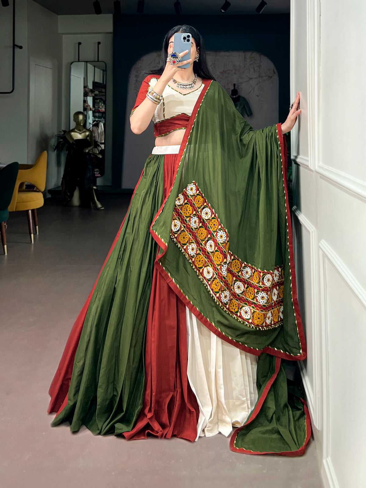 Pure Cotton Gamthi Work Navratri Lehenga With Dupatta