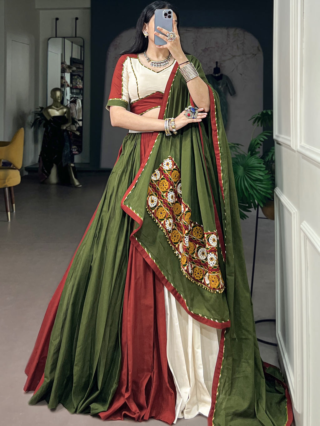 Pure Cotton Gamthi Work Navratri Lehenga With Dupatta