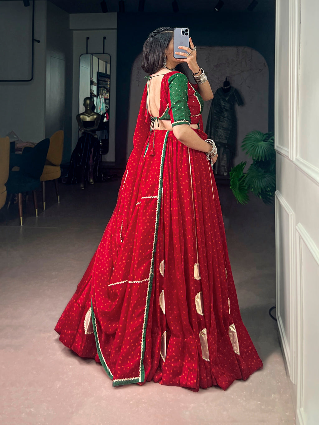 Chiffon Bandhej Printed Navratri Lehenga With Dupatta