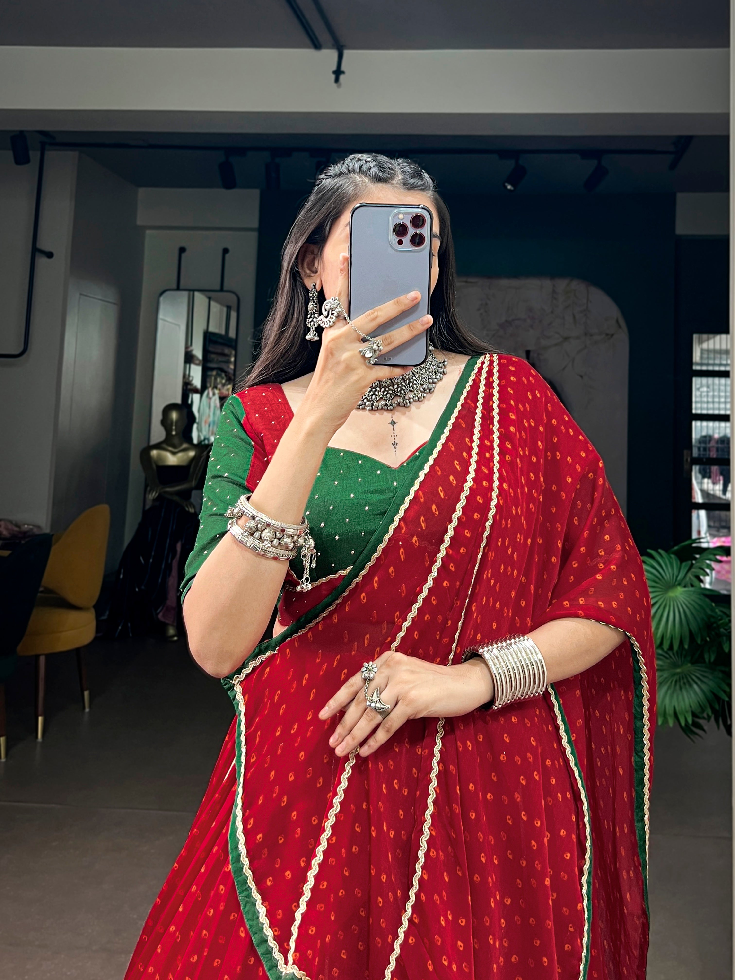 Chiffon Bandhej Printed Navratri Lehenga With Dupatta