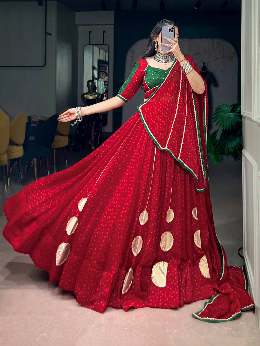 Chiffon Bandhej Printed Navratri Lehenga With Dupatta