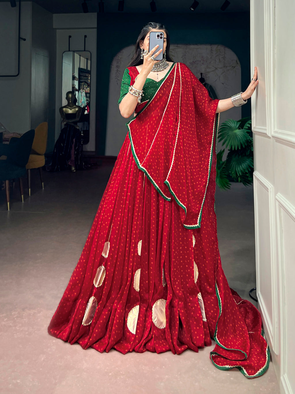 Chiffon Bandhej Printed Navratri Lehenga With Dupatta