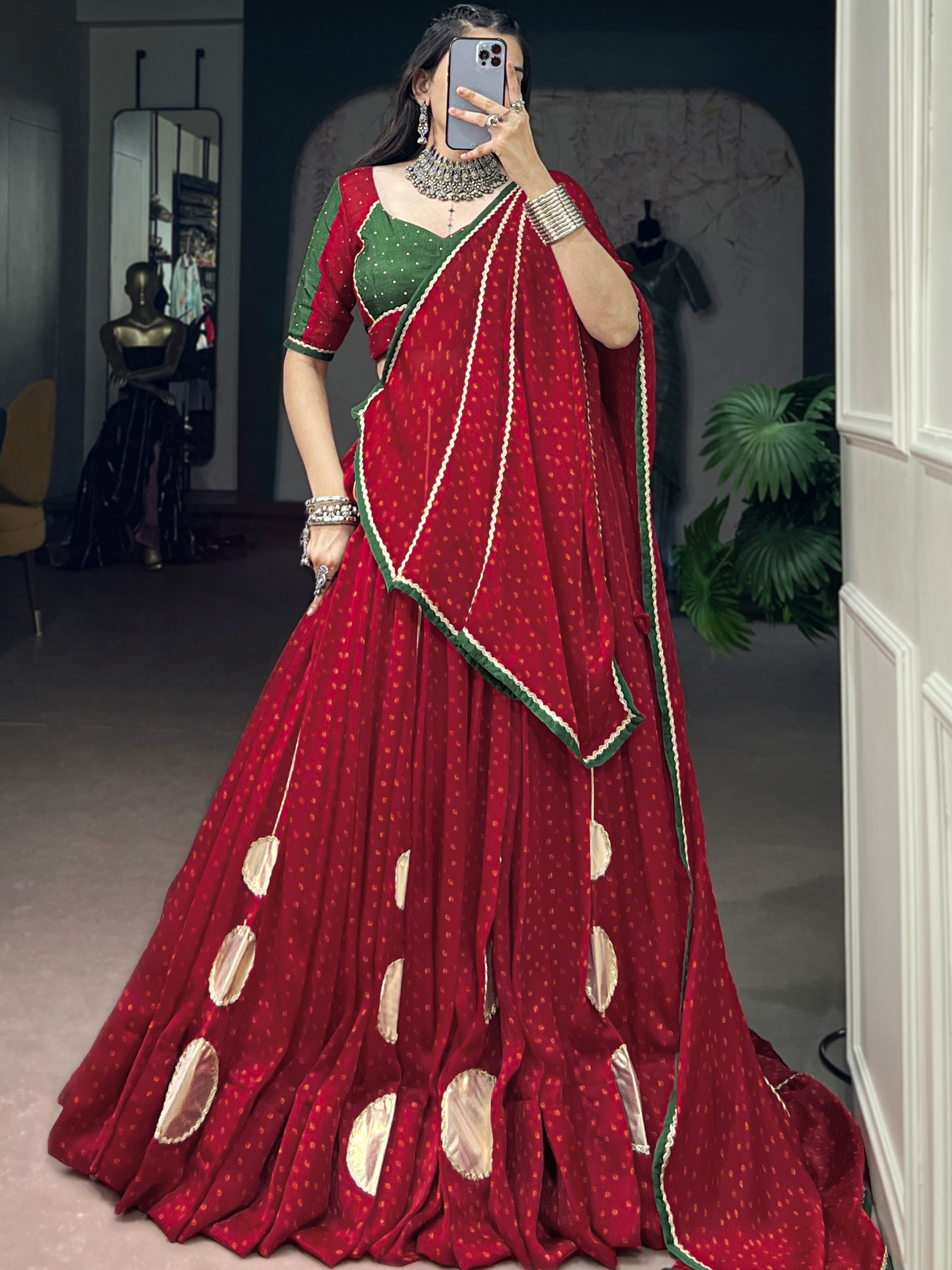 Chiffon Bandhej Printed Navratri Lehenga With Dupatta