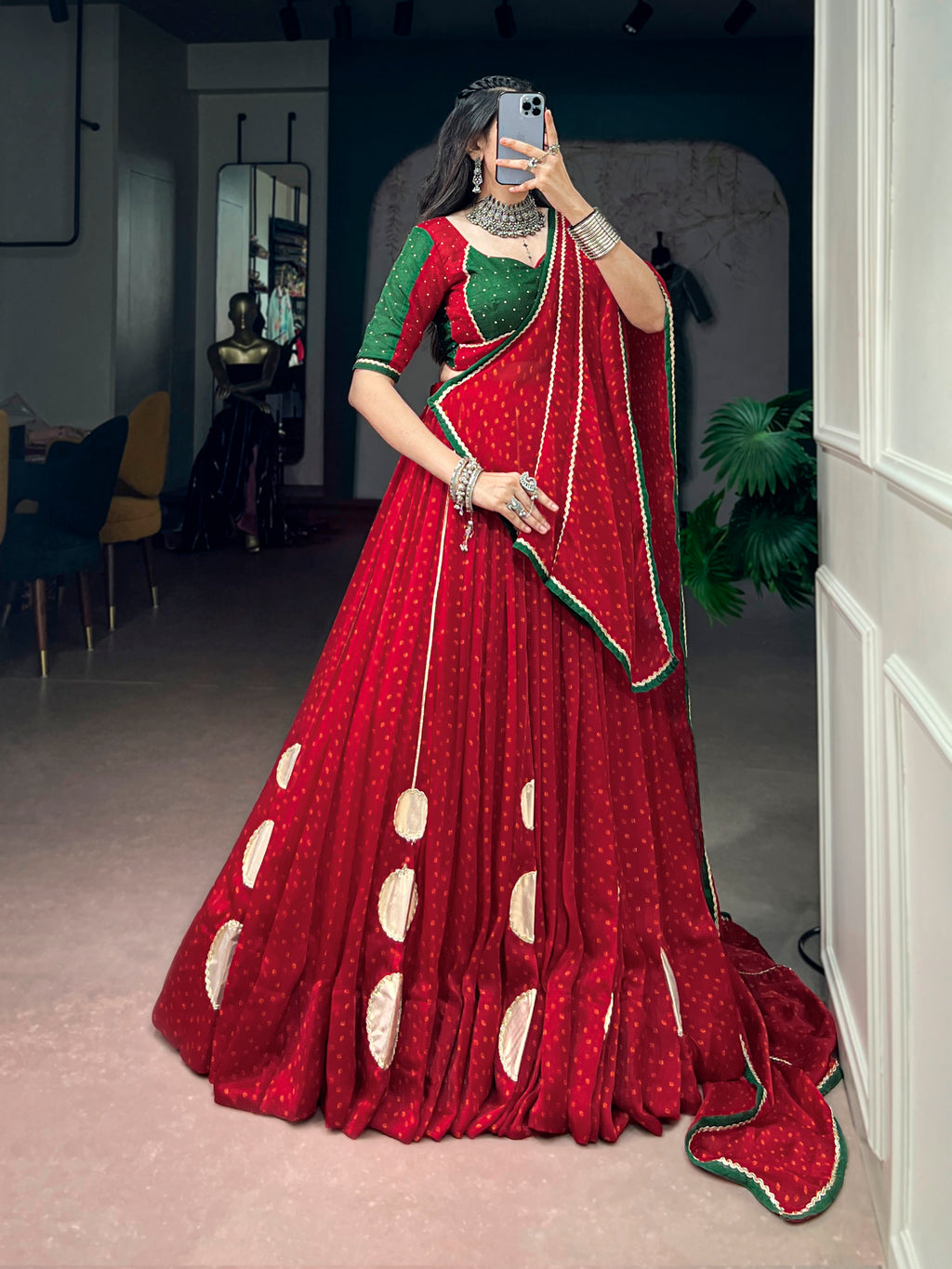 Chiffon Bandhej Printed Navratri Lehenga With Dupatta