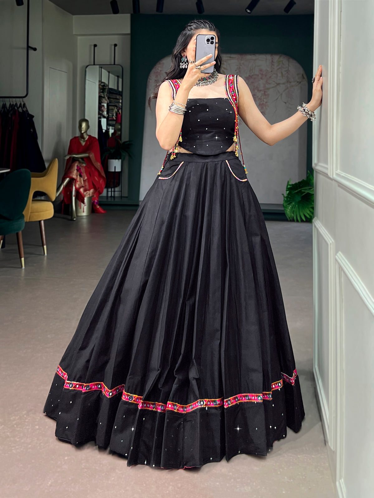 Pure Cotton Mirror Work Navratri Lehenga