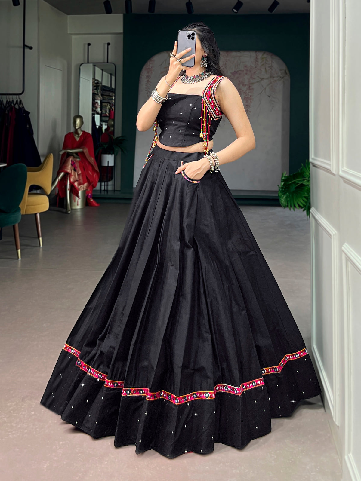 Pure Cotton Mirror Work Navratri Lehenga