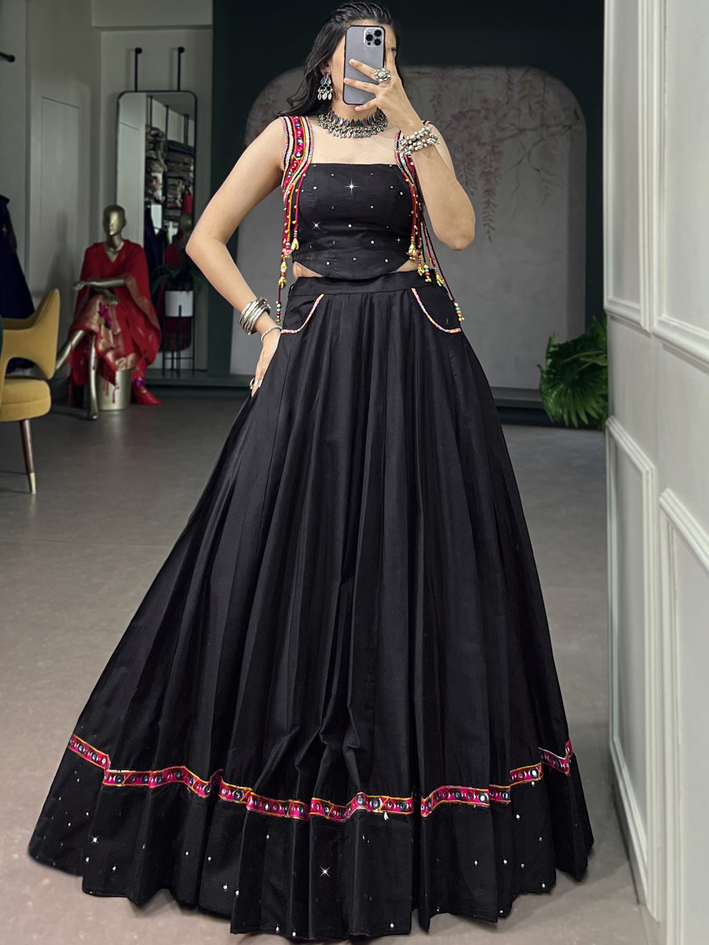 Pure Cotton Mirror Work Navratri Lehenga