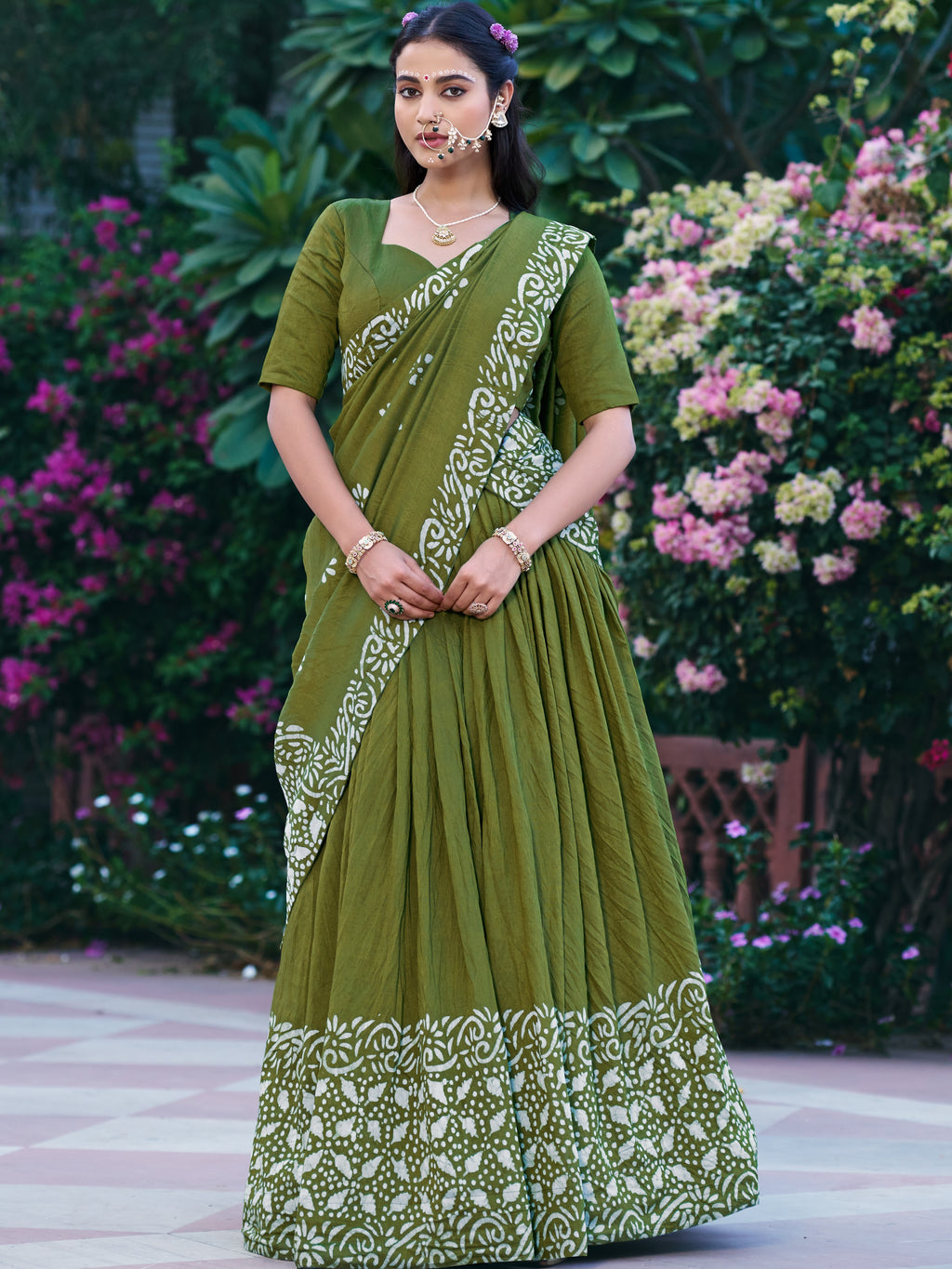 Cotton Chanderi Batik Printed Lehenga With Dupatta