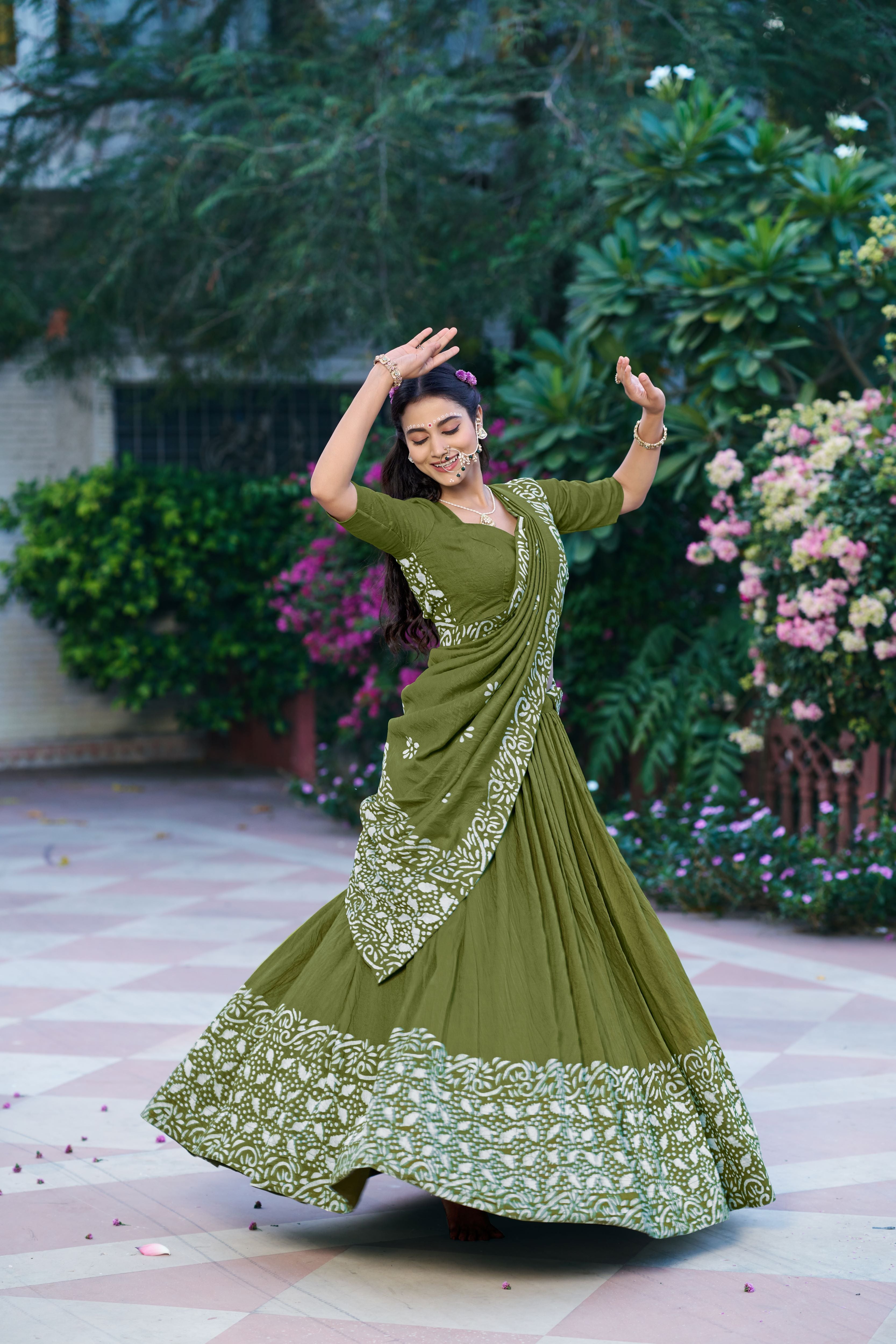 Cotton Chanderi Batik Printed Lehenga With Dupatta