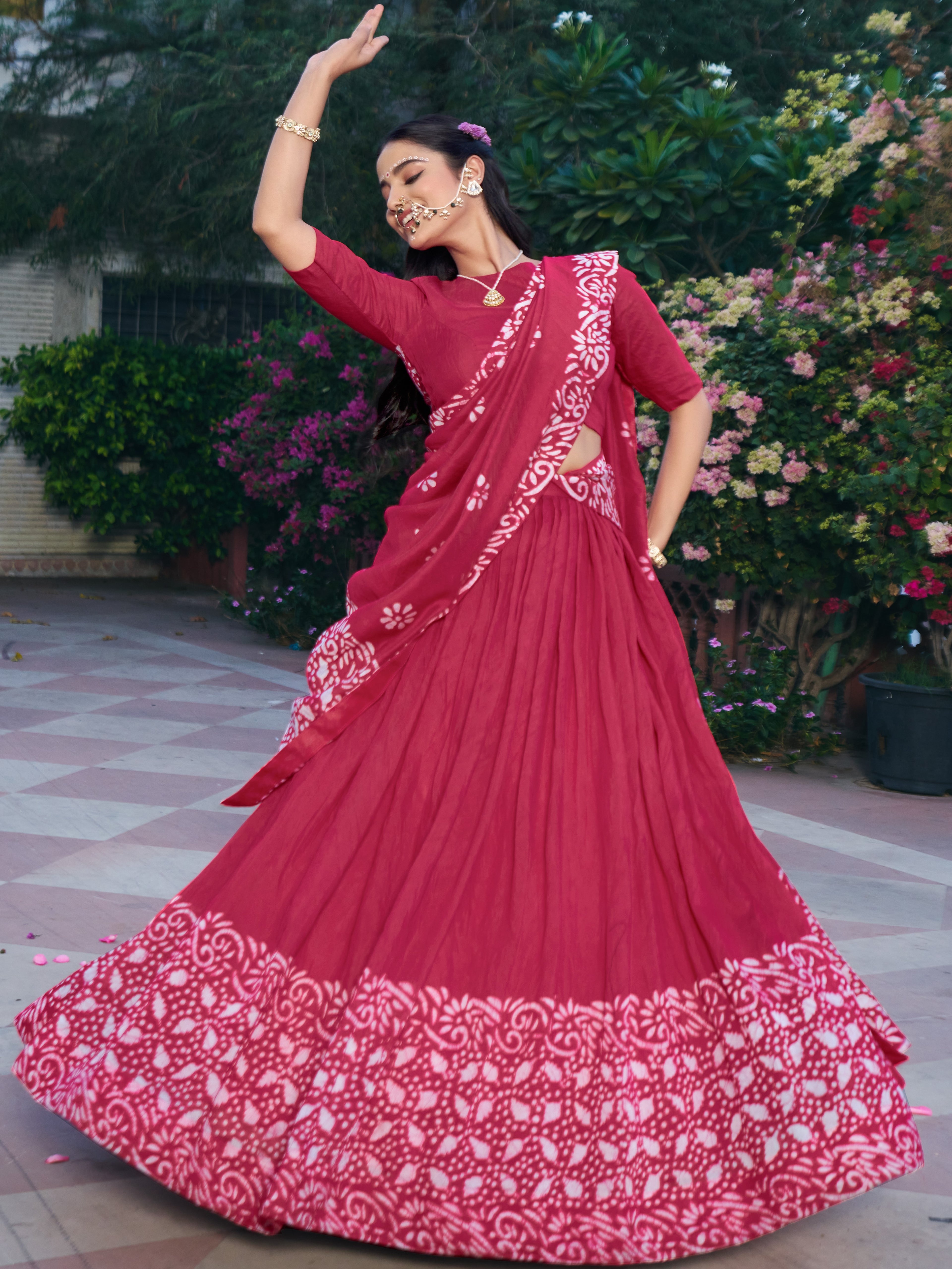 Cotton Chanderi Batik Printed Lehenga With Dupatta