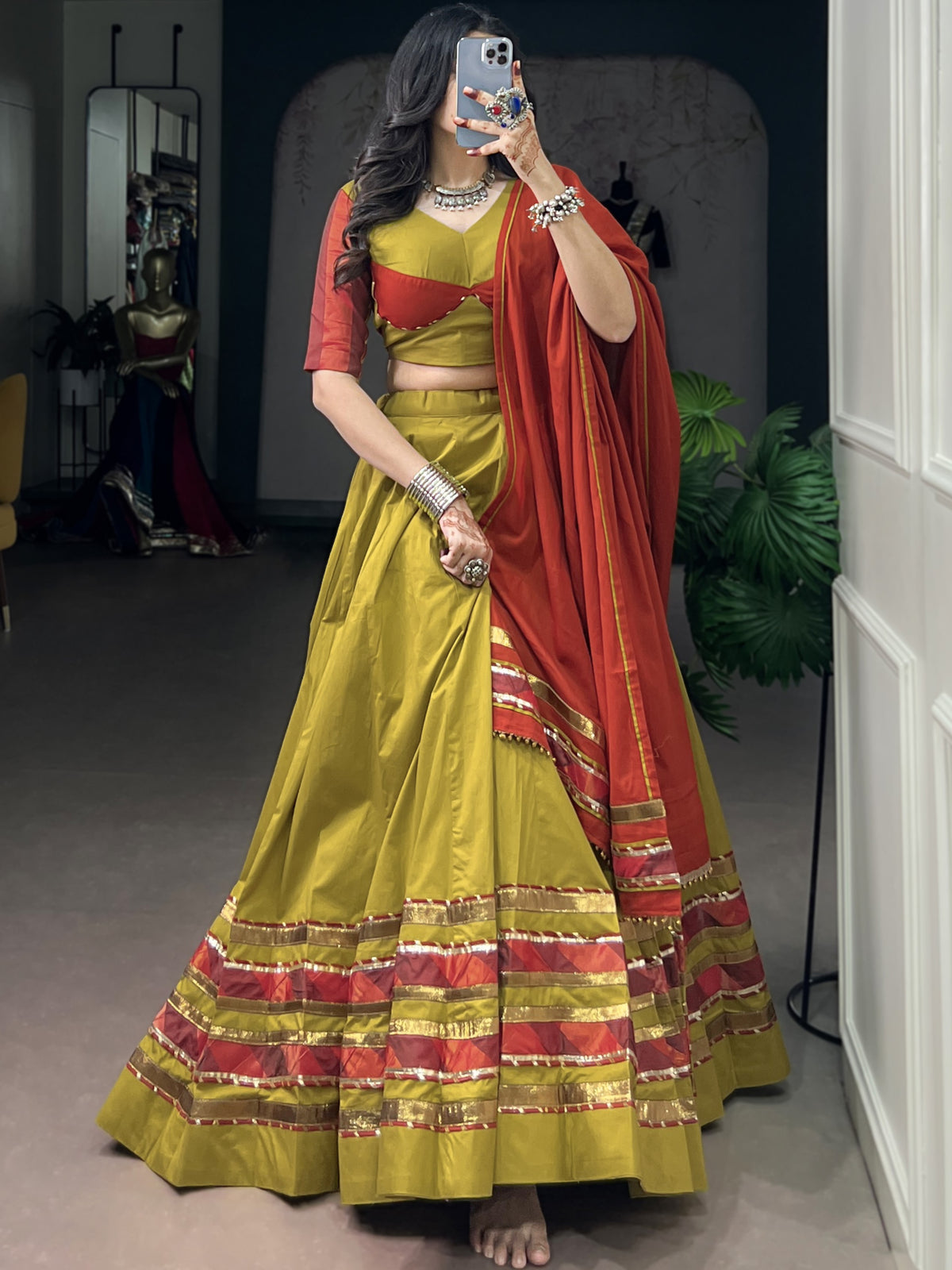 Dhabu Cotton Embossed Design Navratri Lehenga With Dupatta