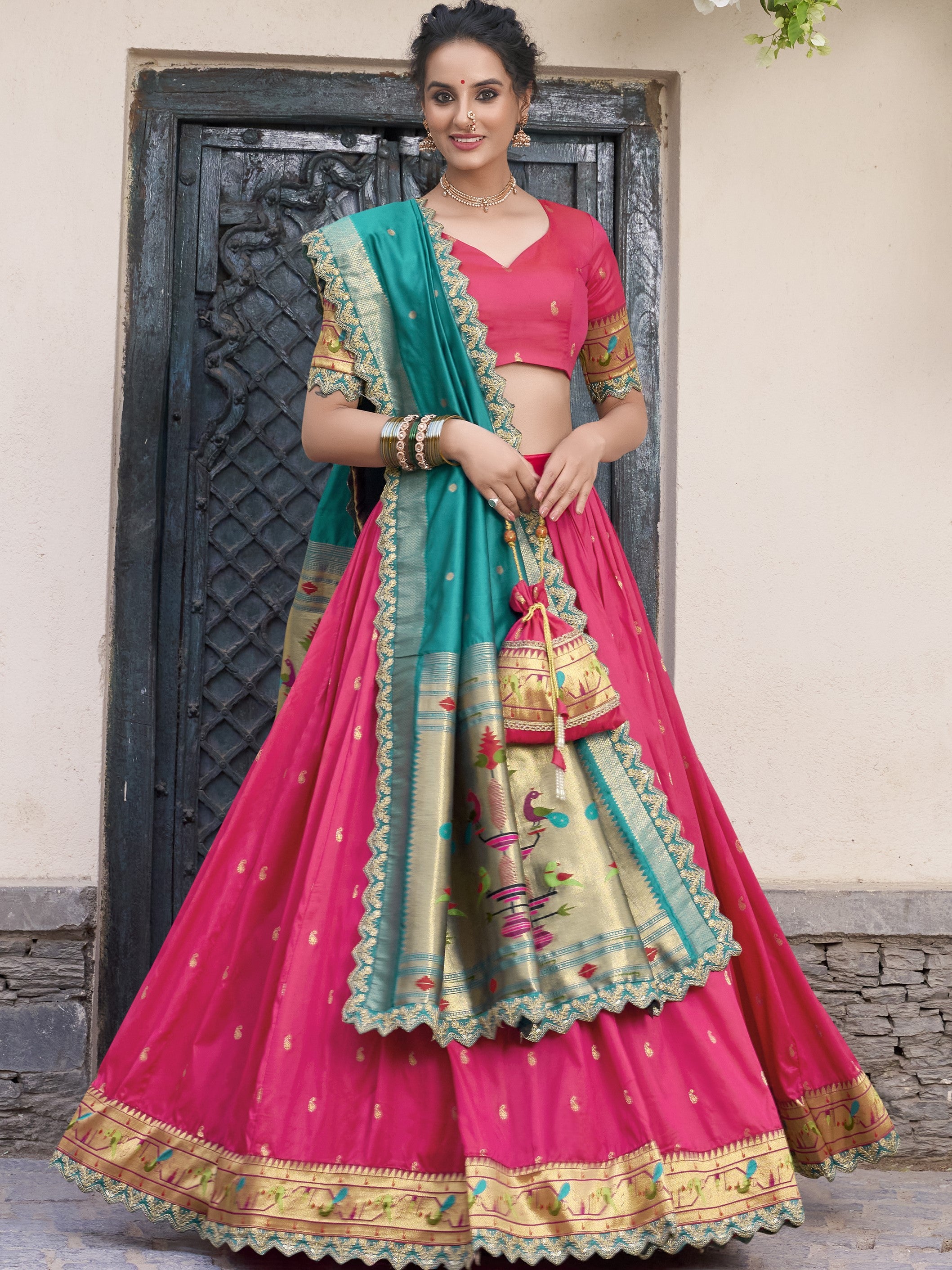 Paithani Thread Embroidered Lehenga With Dupatta