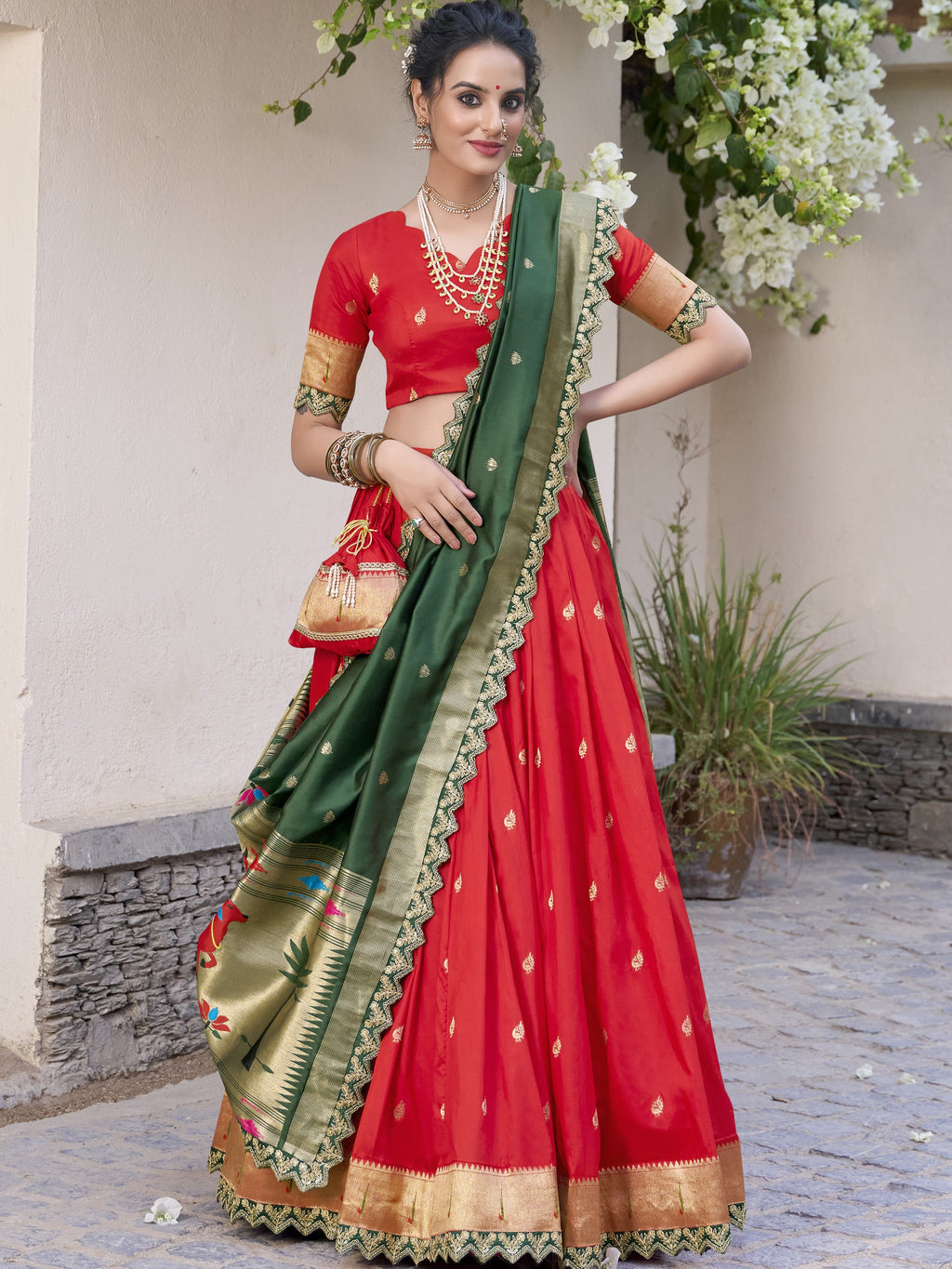 Paithani Thread Embroidered Lehenga With Dupatta