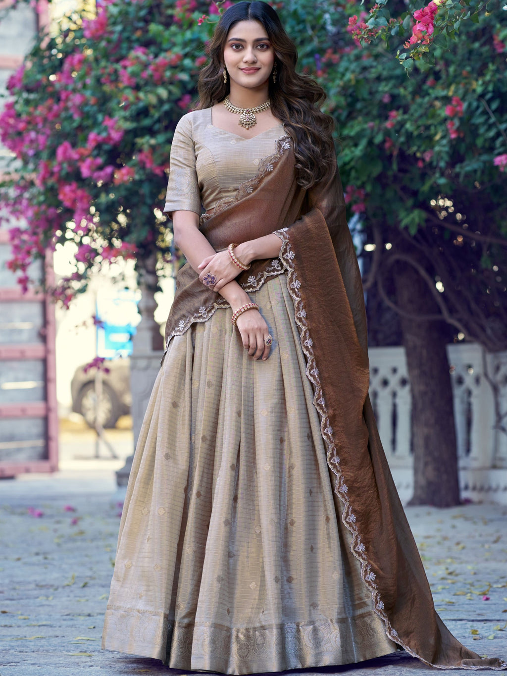 Chinon Chex Zari Weaving Lehenga With Dupatta