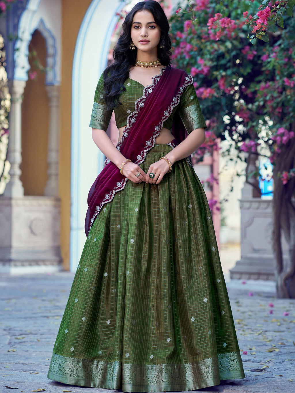 Chinon Chex Zari Weaving Lehenga With Dupatta