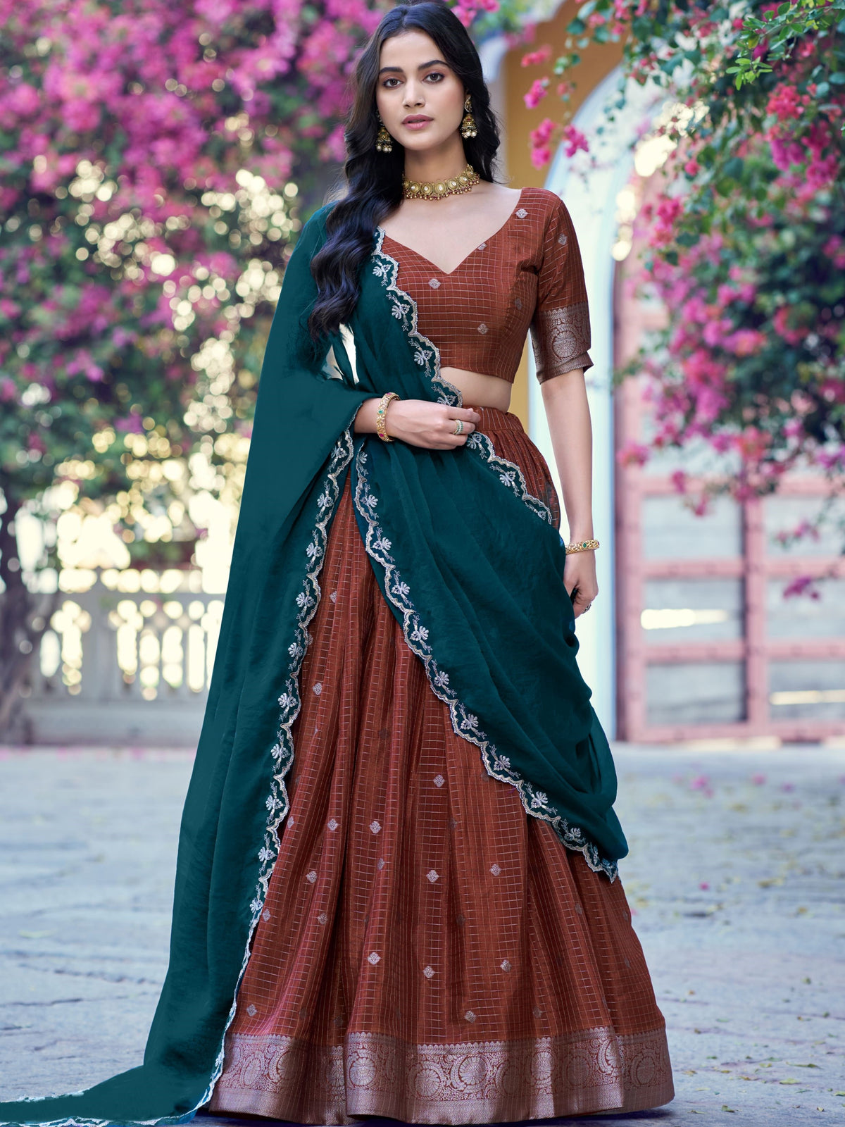 Chinon Chex Zari Weaving Lehenga With Dupatta
