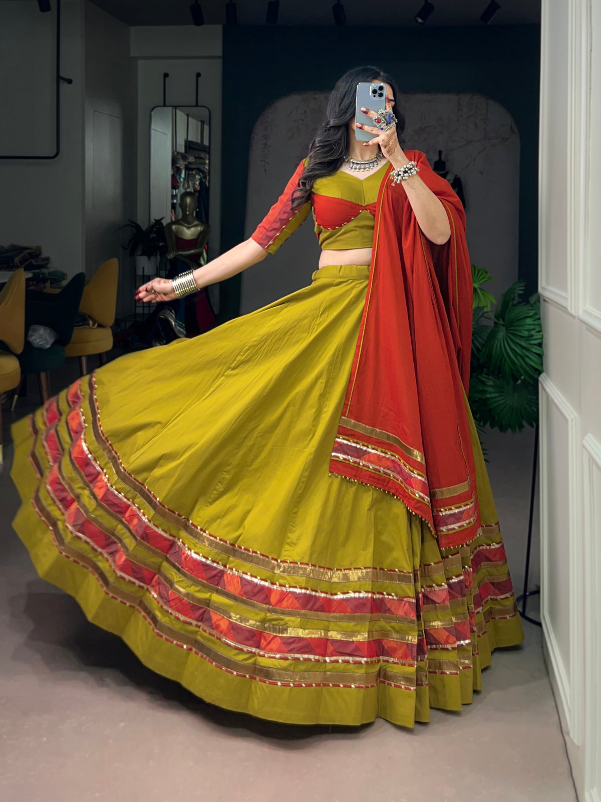 Dhabu Cotton Embossed Design Navratri Lehenga With Dupatta