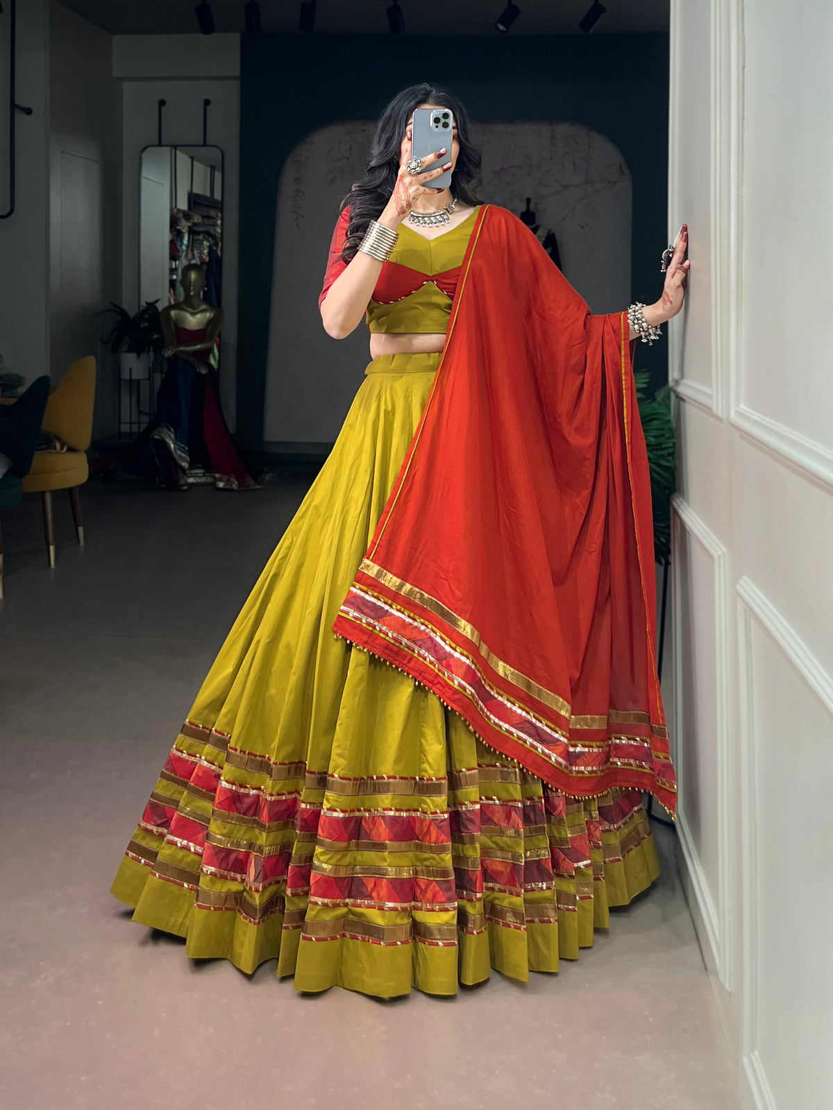 Dhabu Cotton Embossed Design Navratri Lehenga With Dupatta