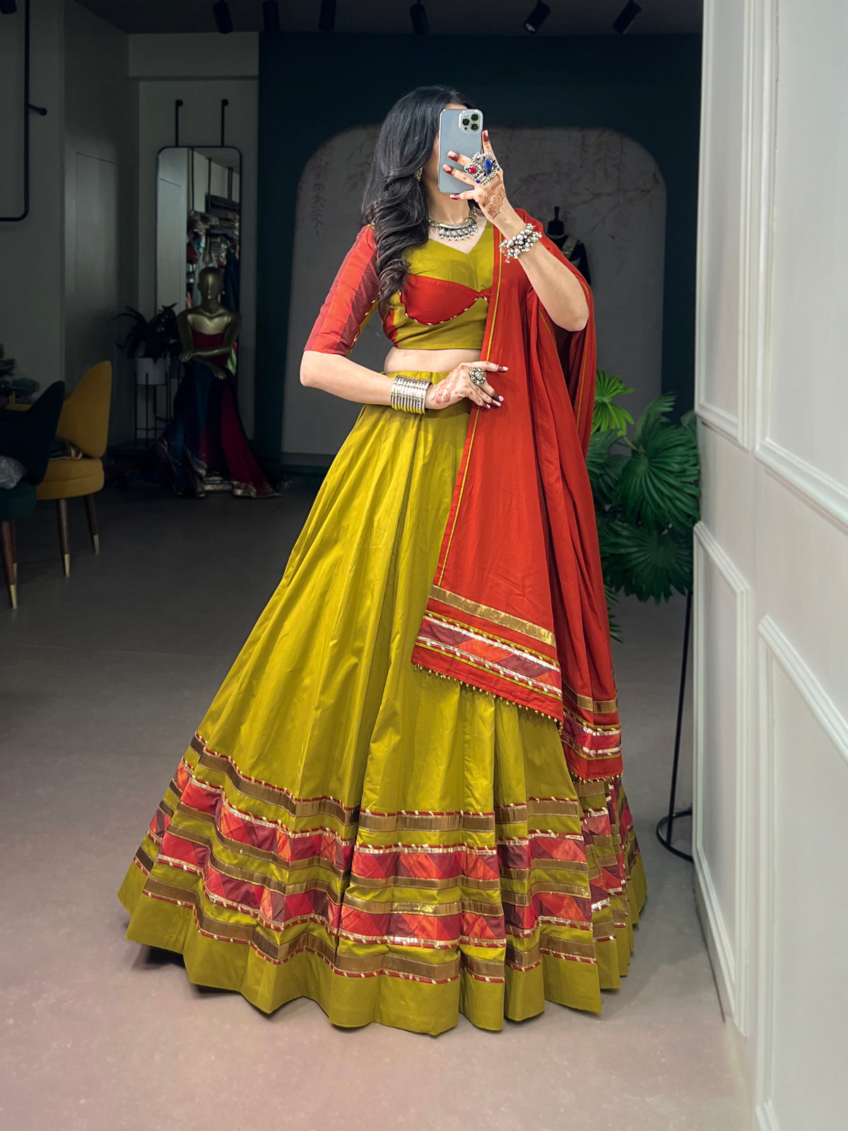 Dhabu Cotton Embossed Design Navratri Lehenga With Dupatta