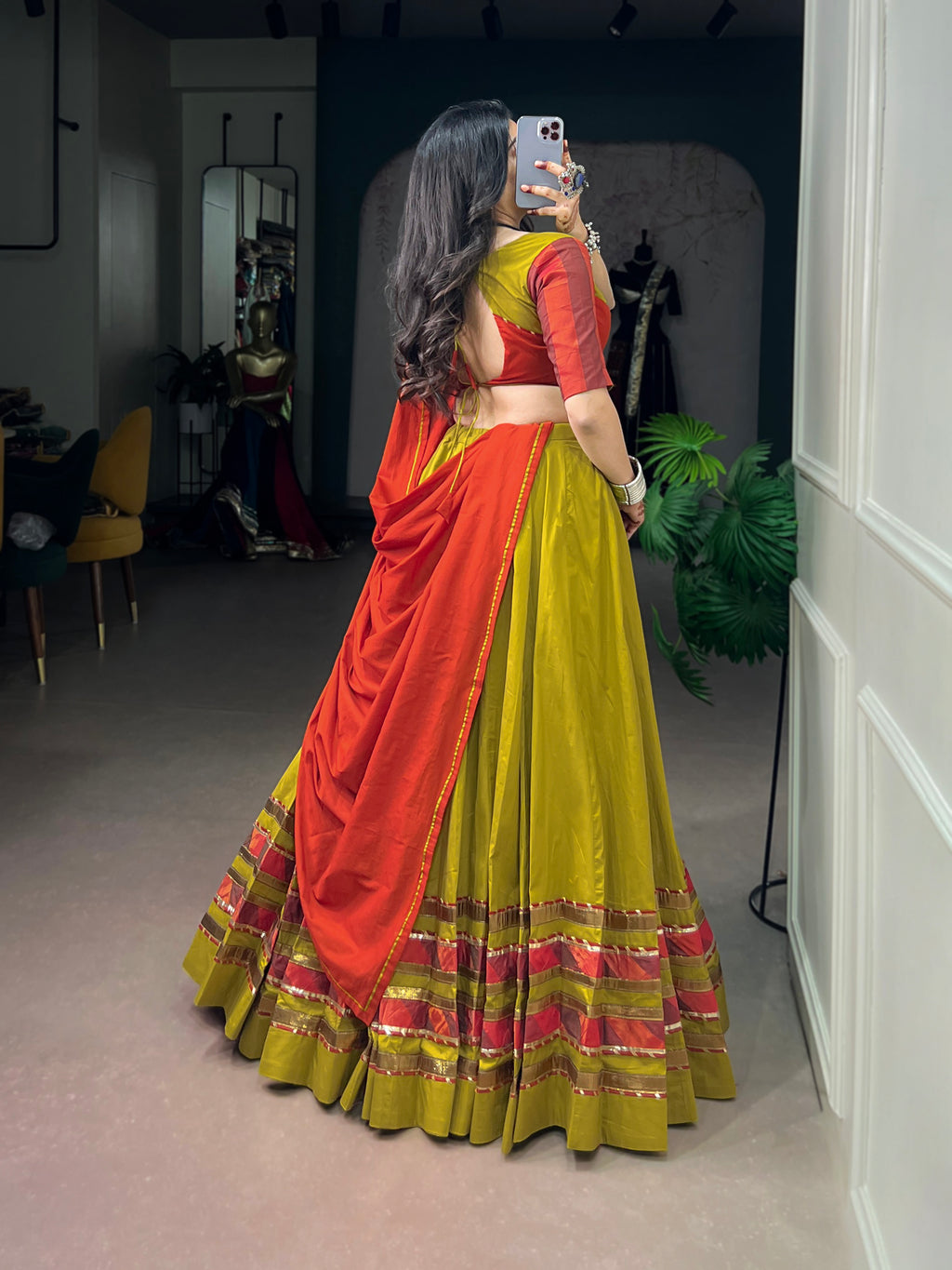 Dhabu Cotton Embossed Design Navratri Lehenga With Dupatta